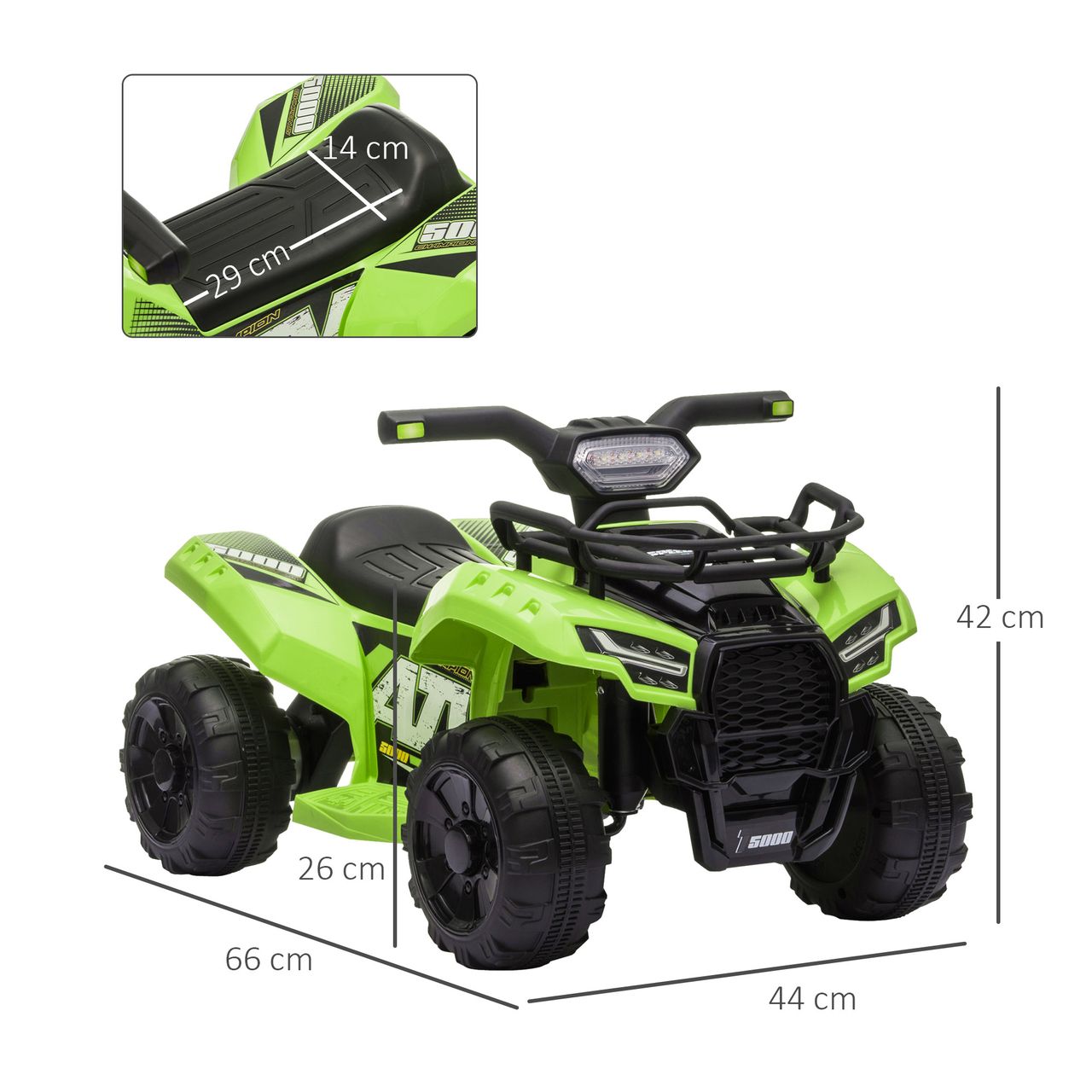 HOMCOM Mini Elektro-Quad Kinder Elektro ATV Kinderwagen LED Frontlicht Kinderfahrzeug Kindermotorrad Elektroquad für 18-36 Monate Kinder Metall PP-Kunststoff Grün 66 x 44 x 42 cm
