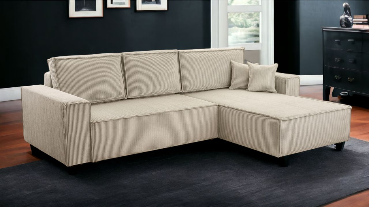 Möbel Punkt Wohnlandschaft Ecksofa Beige Genf Cord XL mit Bett Kopfteilverstellung Bett Sofa Schlafsofa Ottomane rechts links universell