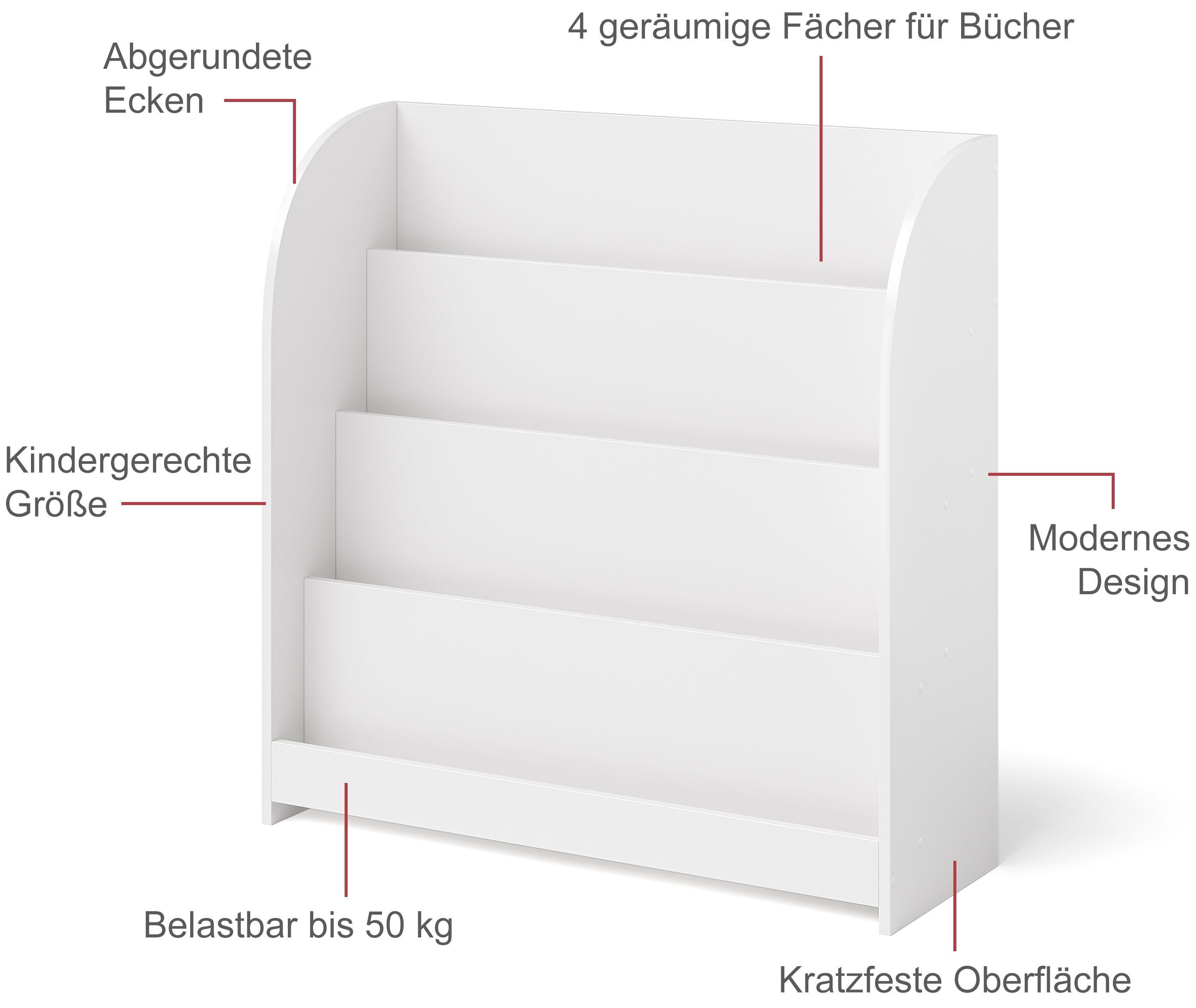 Bellabino Kinderregal Baru, weiß, Bücherregal mit 4 Ablagefächern für Bücher