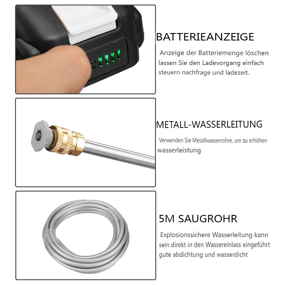 AUDEW Akku-Hochdruckreiniger, 160W Hochdruckreiniger 15000 U/min mit 1 Akku 1300mAh, 5m Schlauch