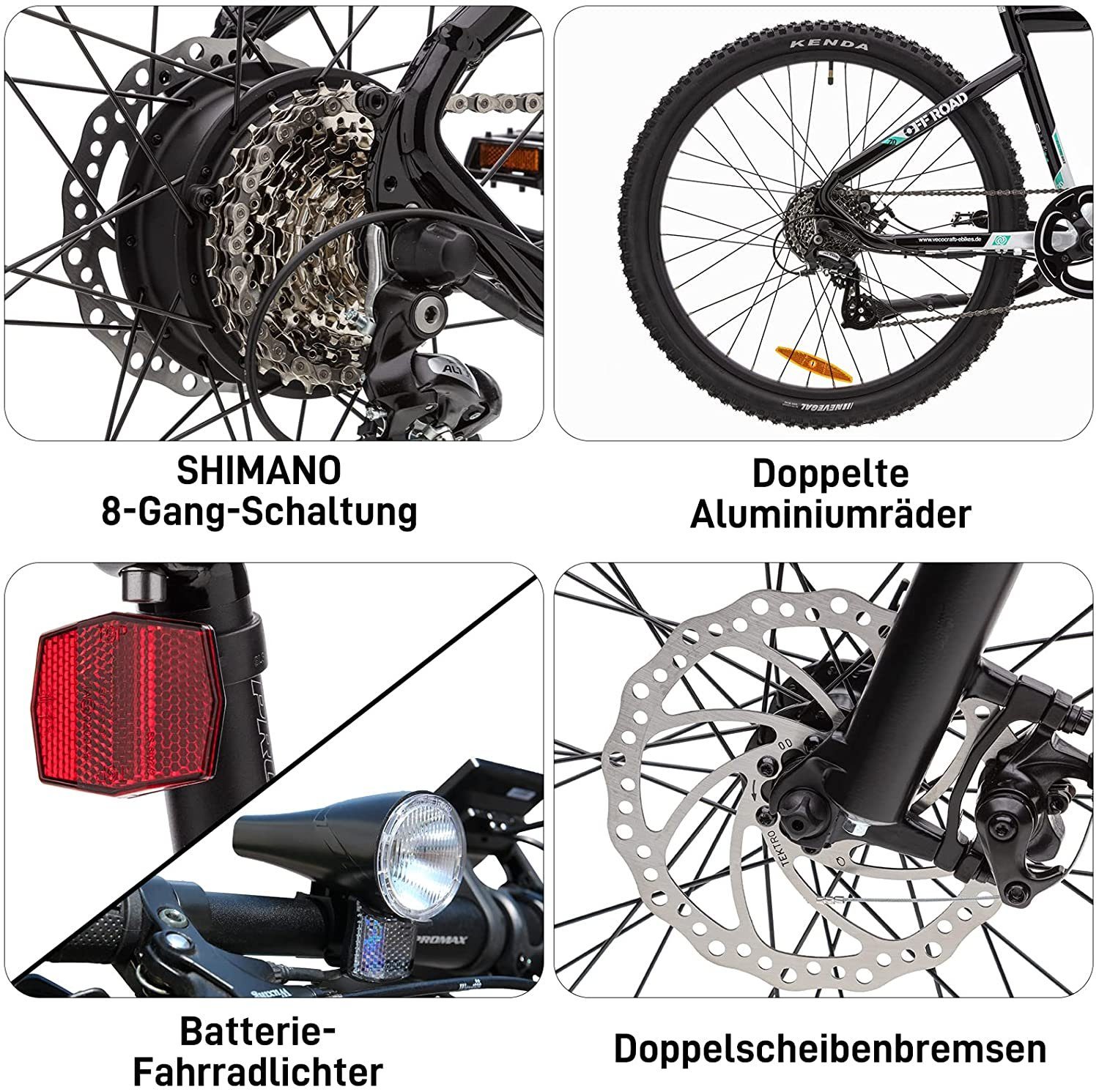 VECOCRAFT E-Bike OFFROAD 10.4AH 27.5 Zoll, 8 Gang Shimano, Kettenschaltung, Heckmotor
