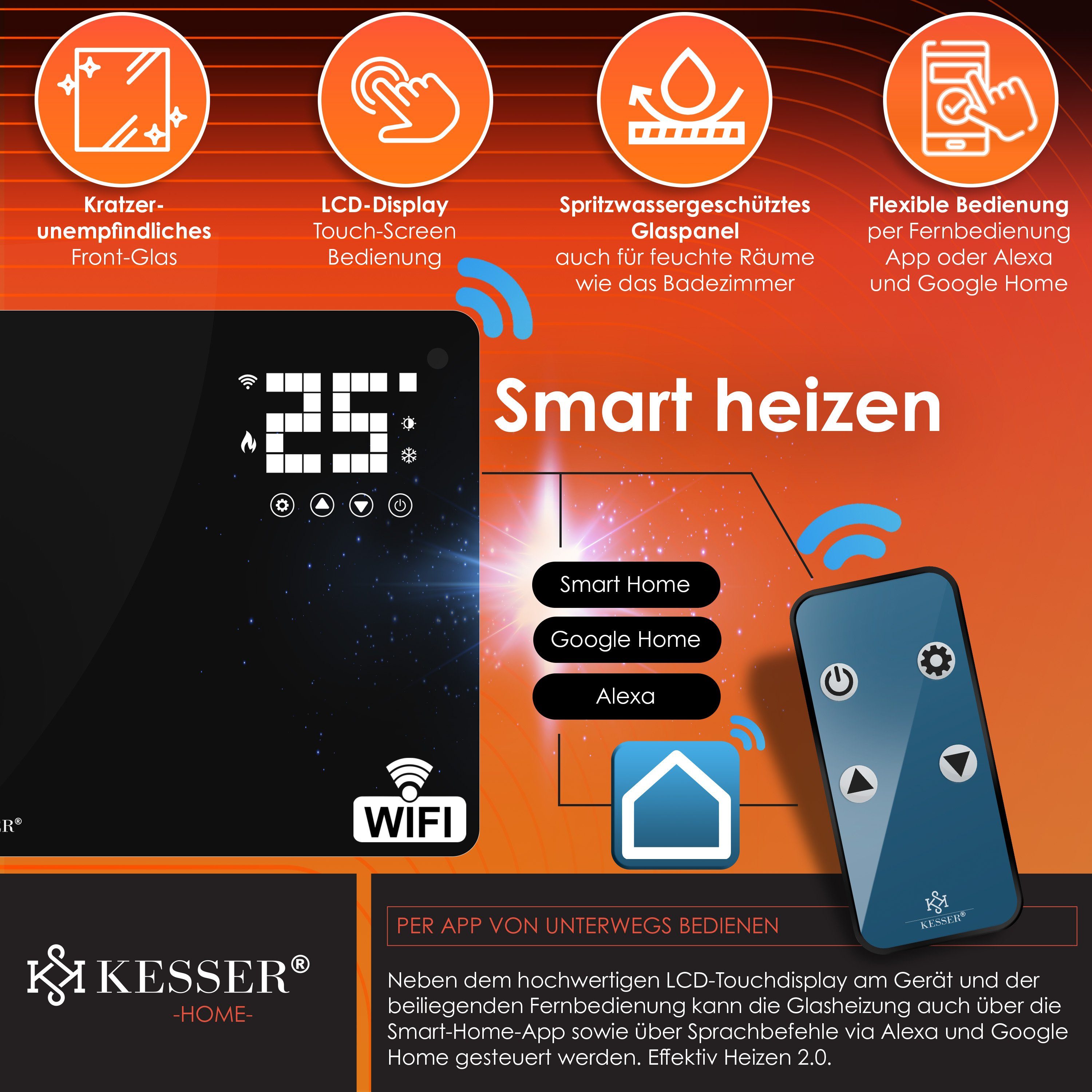 KESSER Heizgerät, 2500 W, Glaskonvektor Glas Heizung Elektroheizkörper APP WiFi + Fernbedienung