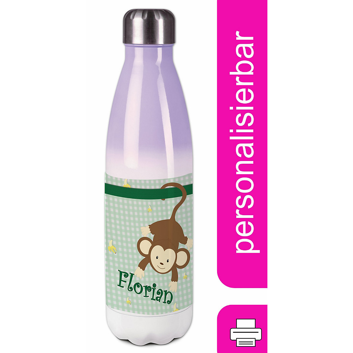 Edelstahl Kinder Thermoflasche / Trinkflasche bunt Affe hängend Farbe grün Spülmaschinenfest, Auslaufsicher, Bruchfest, Doppelwandig, Für Heißgetränke geeignet, Mit Deckel, Isoliert