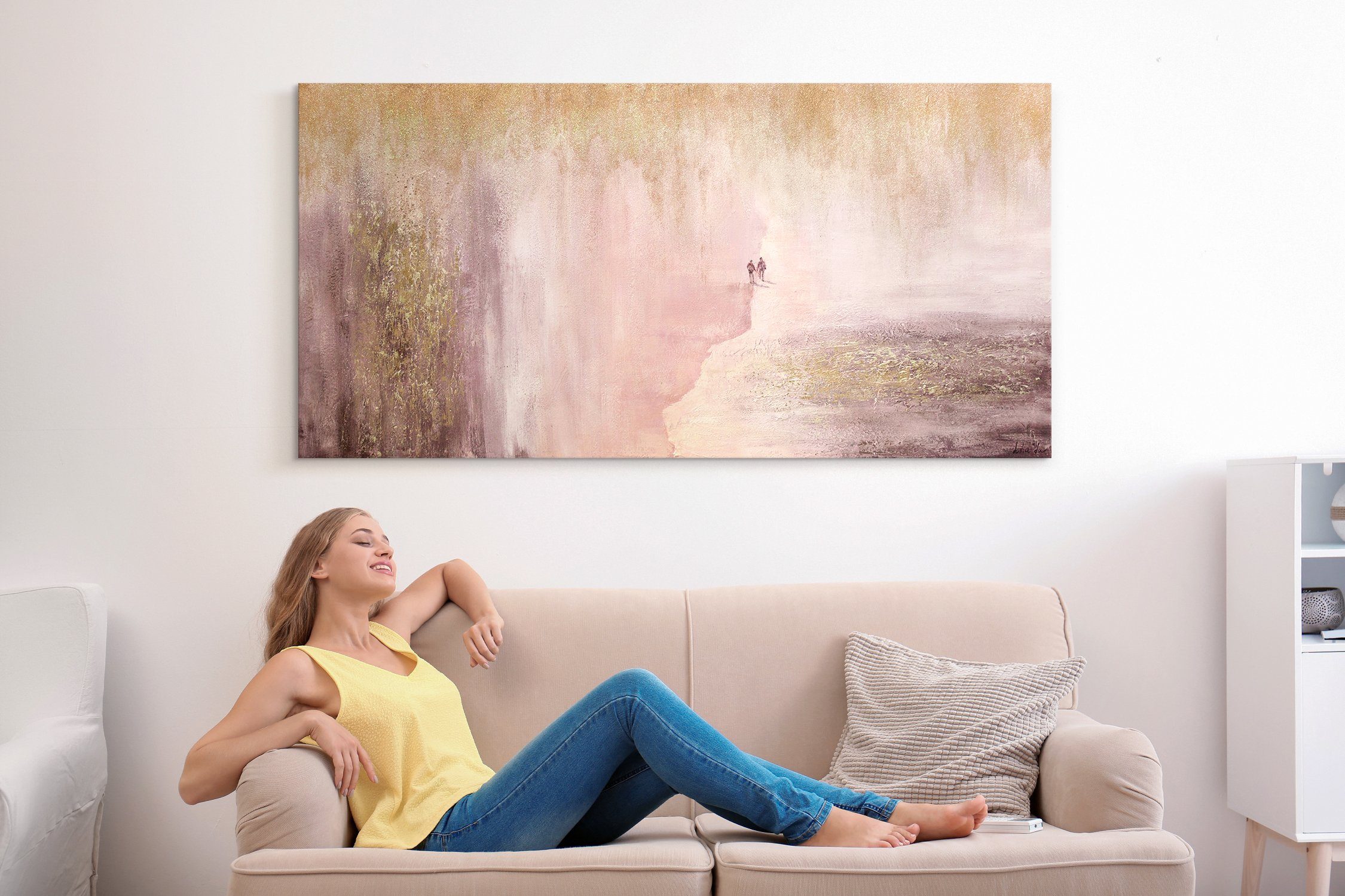 YS-Art Gemälde Planet für 2, Abstrakt, Abstraktes auf Leinwand Bild Handgemalt Pärchen Insel Gold