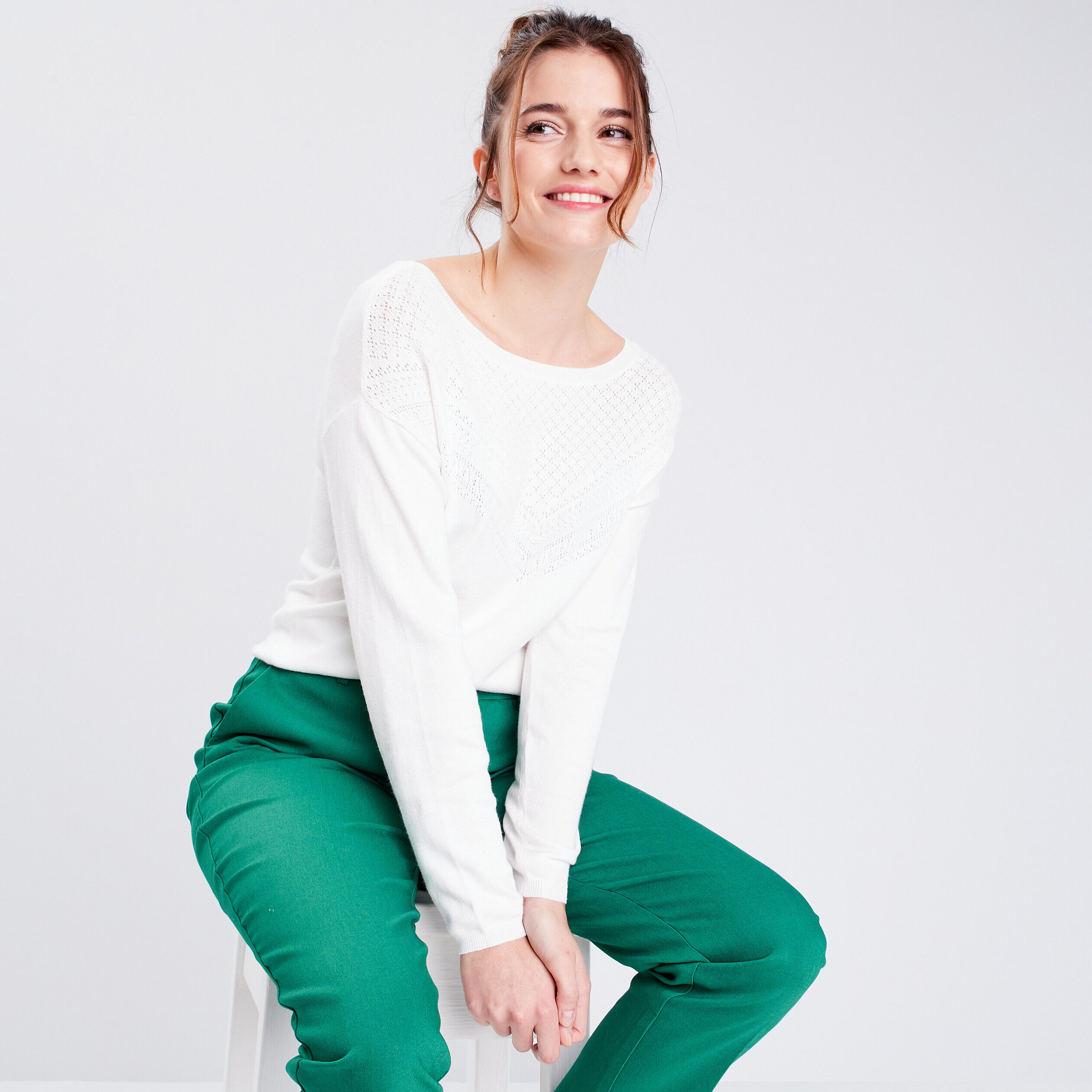 Pull ajouré avec col rond ecru femme | Cache Cache
