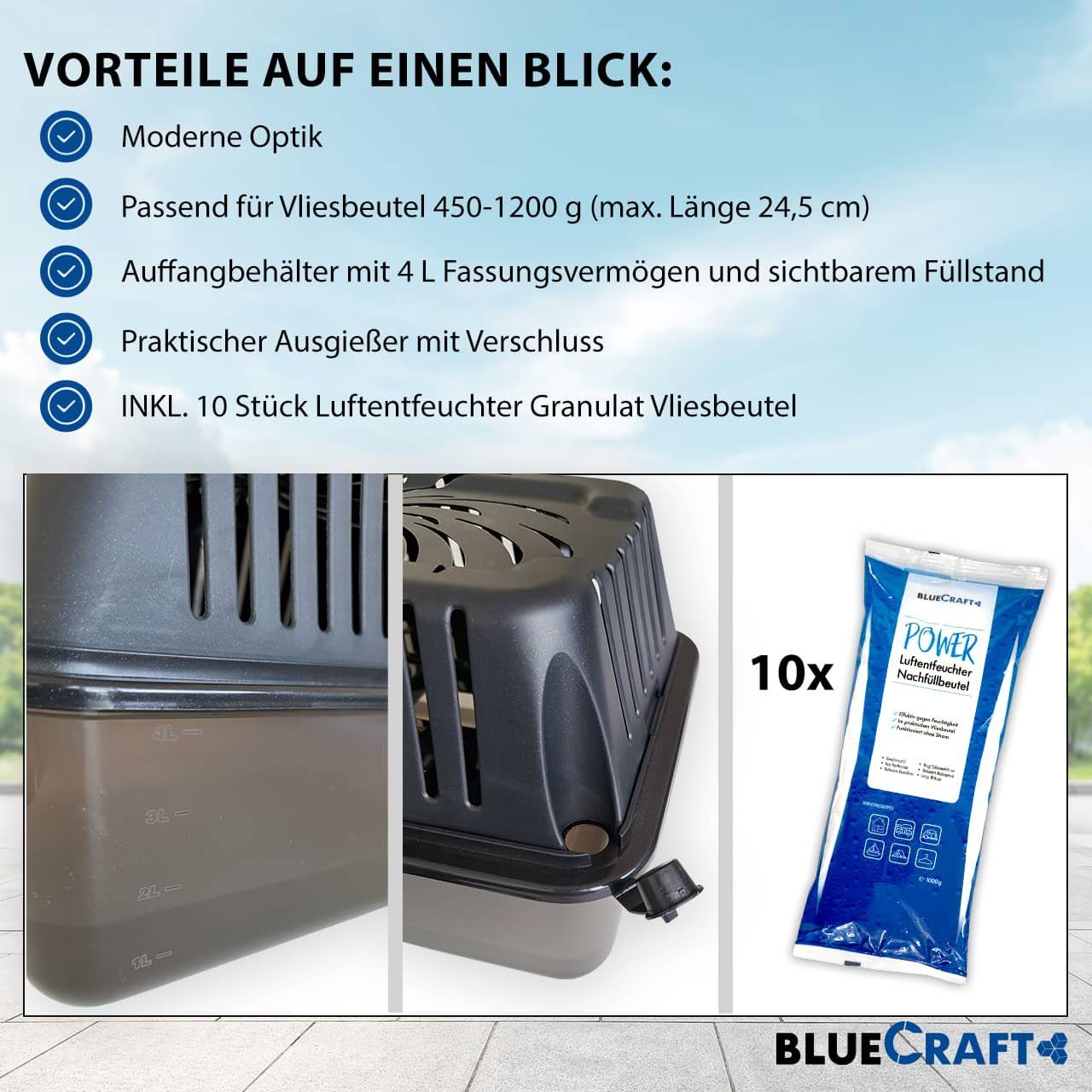 BlueCraft Luftentfeuchter Nachfüllpack Granulat Box Raumenfeuchter + 10x 1kg Granulat Vliesbeut, ohne Strom Nachfüller gegen Schimmel Schlafzimmer Wohnung