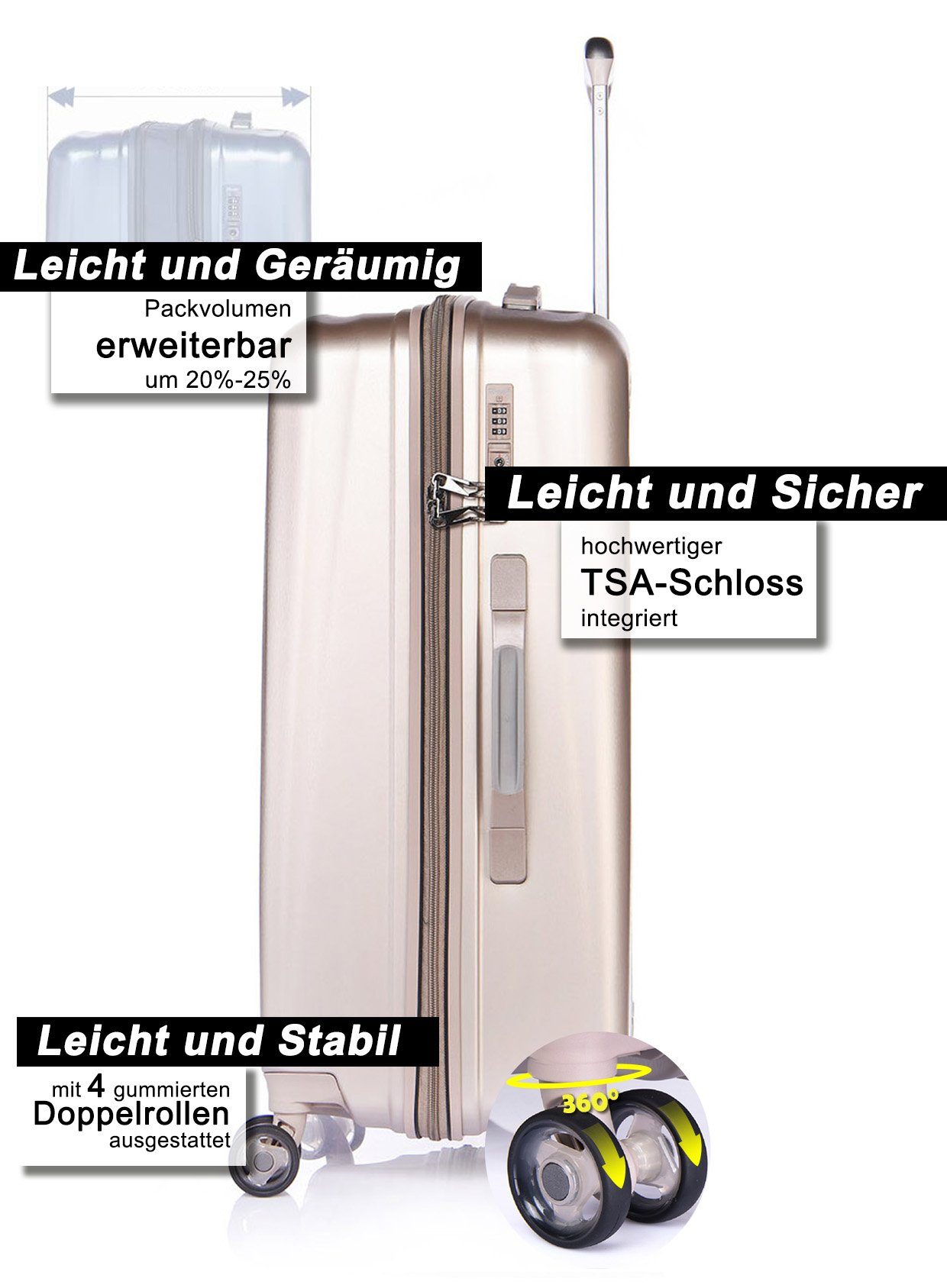 Verage Hartschalen-Trolley Kinetic M 24'', 4 Rollen, Volumenerweiterung, 4-Doppelrollen, TSA-Zahlenschloss