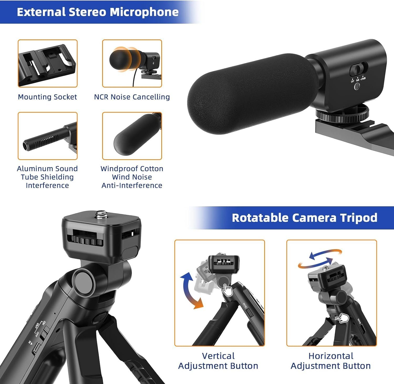 A Ade 4K Digitalkamera Videokamera Camcorder Bridge-Kamera (48 MP, inkl. 16X Digitalzoom Fotokamera Kompaktkamera mit Macro Linse, mit Stativ, Mikrofon, Weitwinkel Linse, Fernsteuerung, 32GB SD Karte)