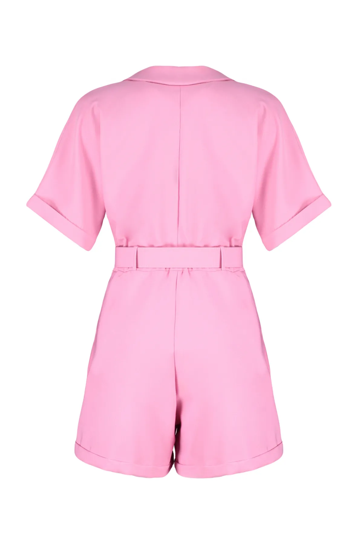 Trendyol Collection  Rosa gewebter Mini-Jumpsuit mit geripptem Kragen und Gürtel TWOSS19WX0112