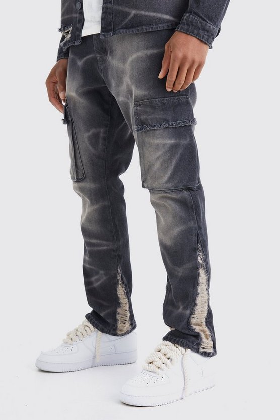 Slim Rigid Flare Overdyed Distressed Cargo Jeans