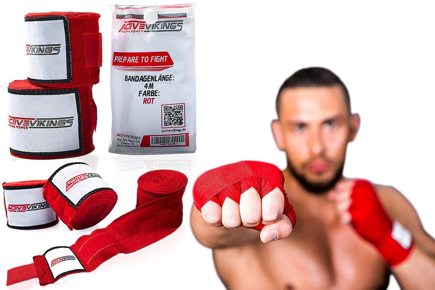ActiveVikings Boxbandagen ActiveVikings Boxbandagen 4m mit Klettverschluss Ideal für Jede Kampfsportart - Boxen Kickboxen Jiu Jitsu Muay-Thai MMA (2 x Boxbandagen mit Klettverschluss), Mit angenehmen Klettverschluss, in sportlichen Design und eingenä