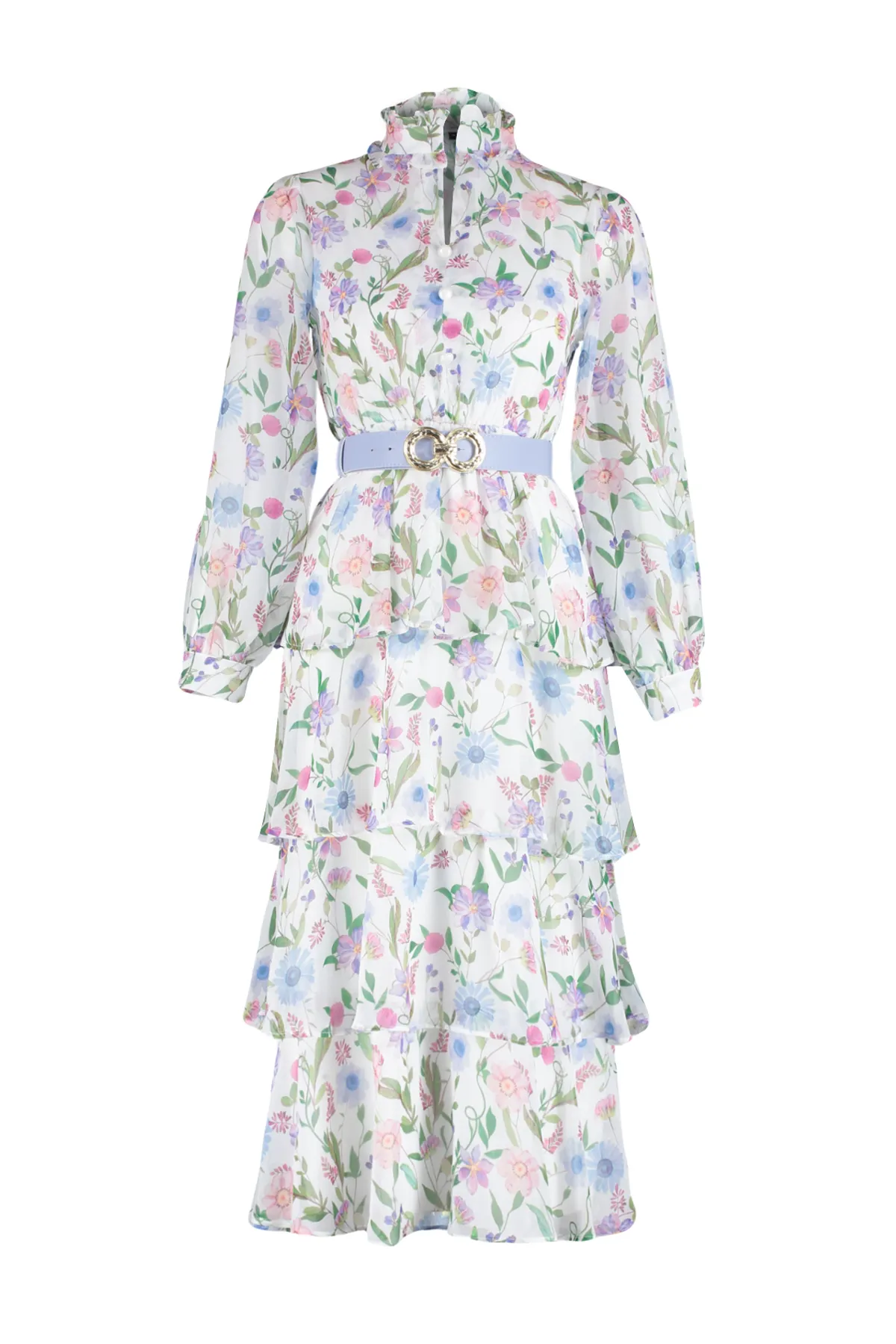 Trendyol Modest  Blaues, mit Gürtel gefüttertes, gewebtes Kleid aus Chiffon mit Blumenmuster TCTSS24EB00024