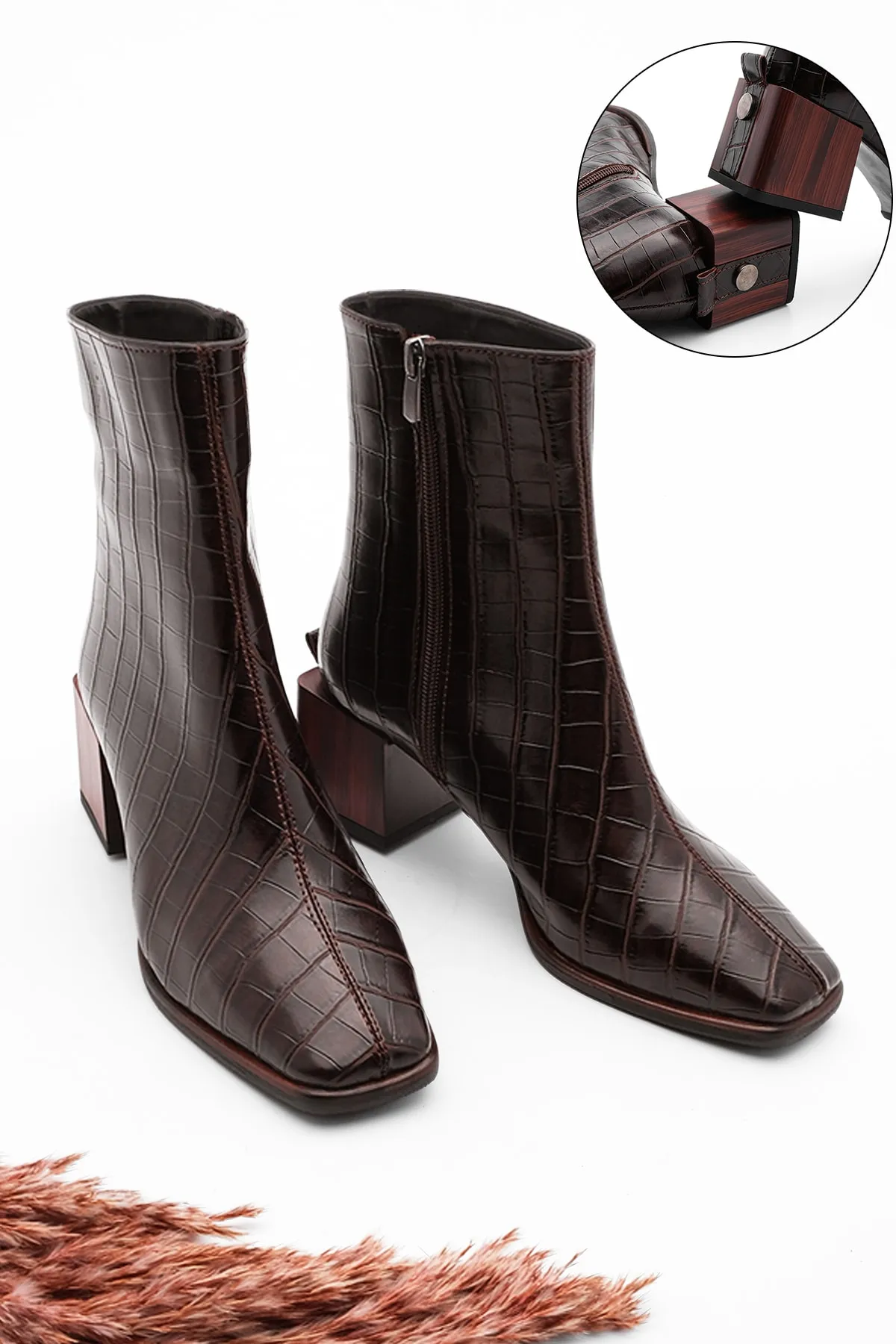 Marjin  Damen-Stiefel mit Absatz und stumpfer Zehenpartie, Holzmuster, Absatz, Reißverschluss, klassische Alltagsstiefel, Sayen Brown Croco
