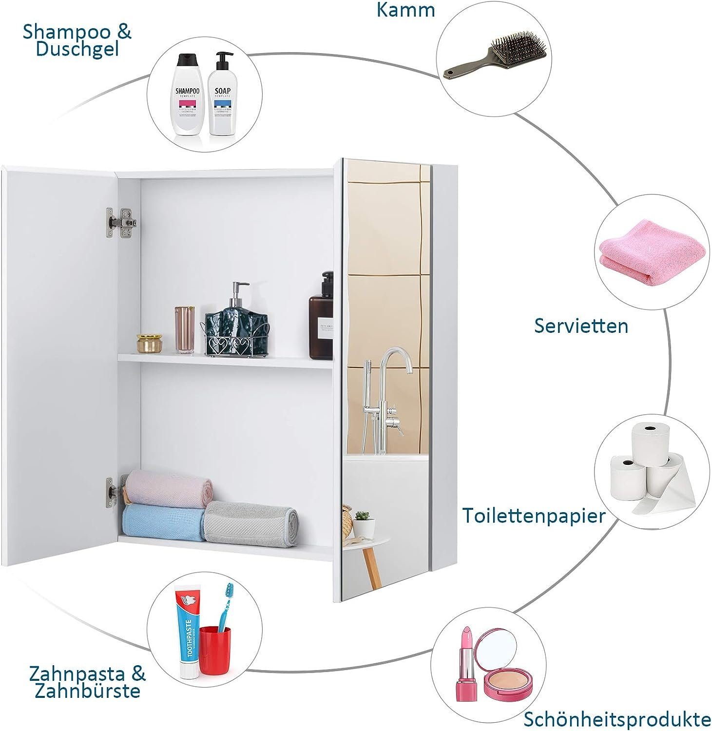 KOMFOTTEU Badezimmerspiegelschrank Spiegelschrank mit 2 Türen, 62 x 11,3 x 65 cm