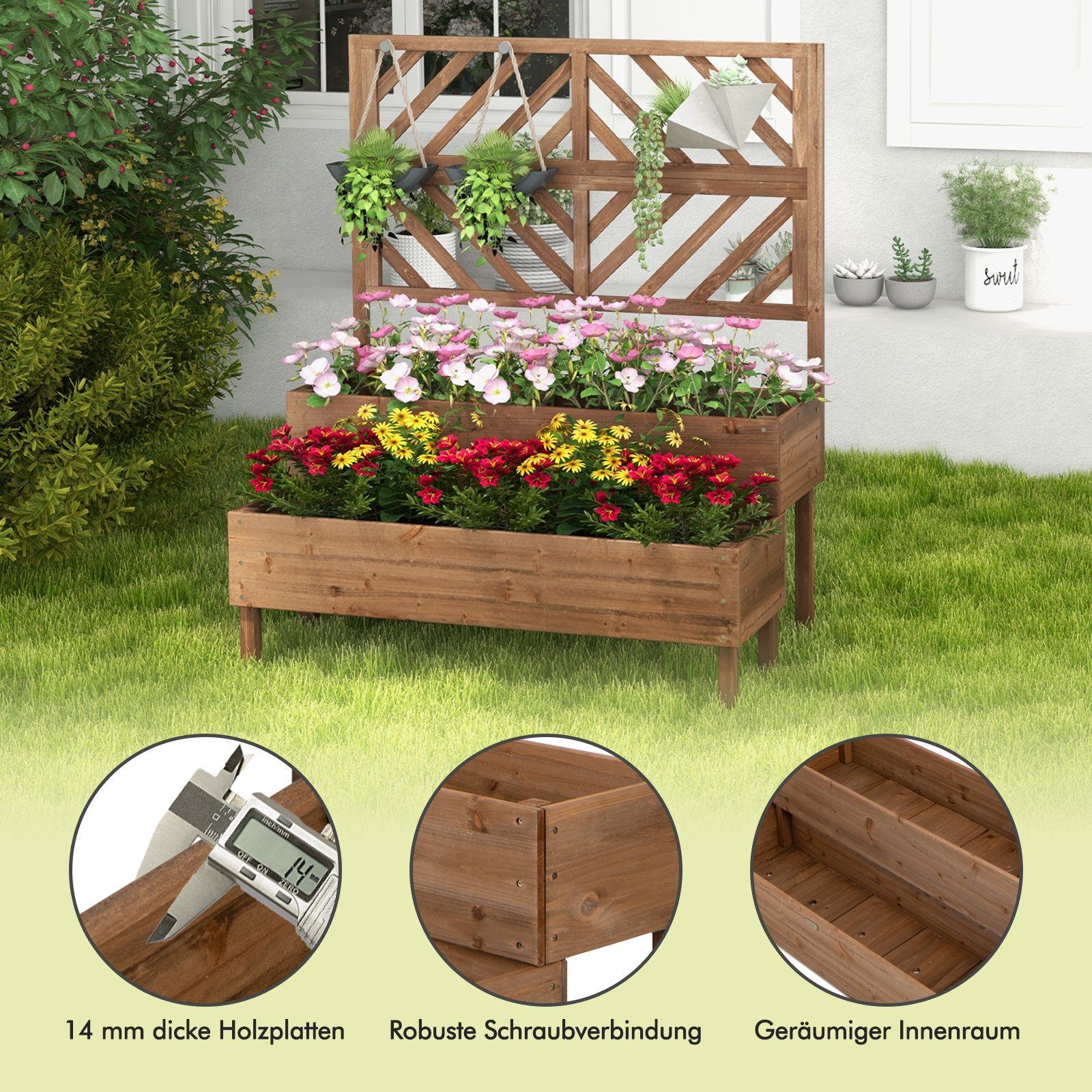 COSTWAY Hochbeet, mit Spalier, 2 Rankkästen und Drainageloch, aus Tannenholz