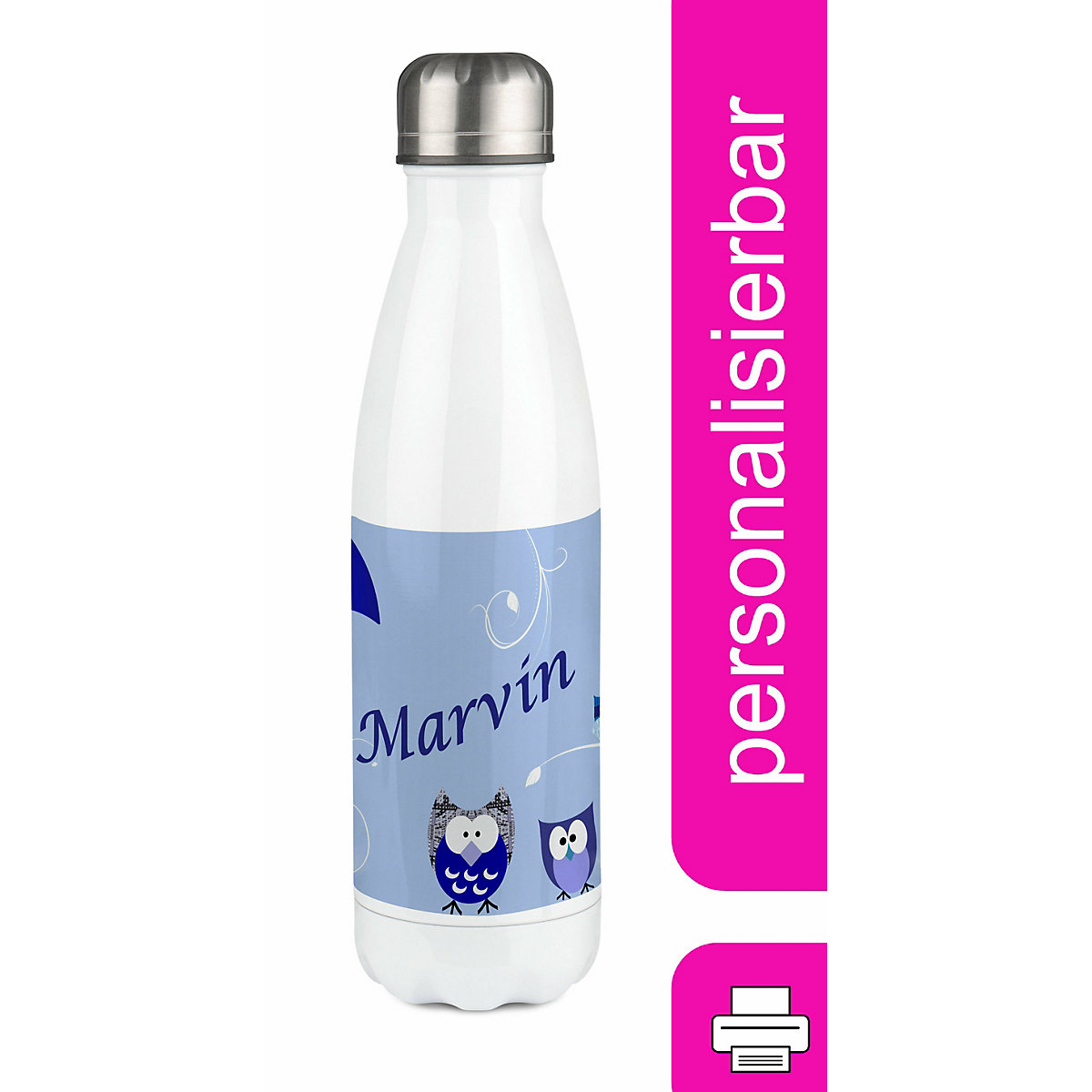 Edelstahl Kinder Thermoflasche / Trinkflasche bunt Eule Farbe blau Spülmaschinenfest, Auslaufsicher, Bruchfest, Doppelwandig, Für Heißgetränke geeignet, Mit Deckel, Isoliert