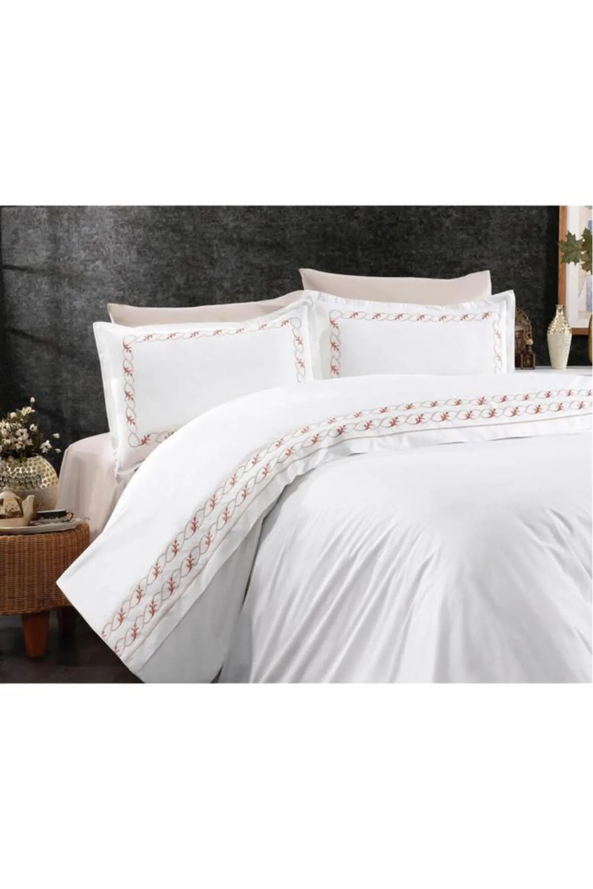 Çeyiz Diyarı  Bettwäscheset für Doppelbett, 100 % Baumwolle, mit Tulpenstickerei, Zimt