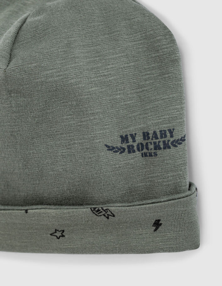 Bonnet réversible kaki et imprimé rock coton bio bébé