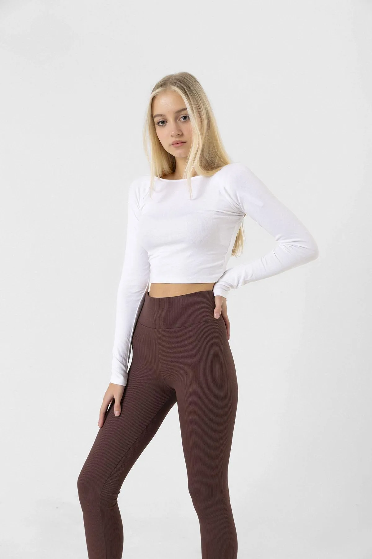 Domoda  Braune Fleece-Innenseite, elastisch, erhöht, gerippt, geraffte Interlock-Winterstrick-Leggings @verona