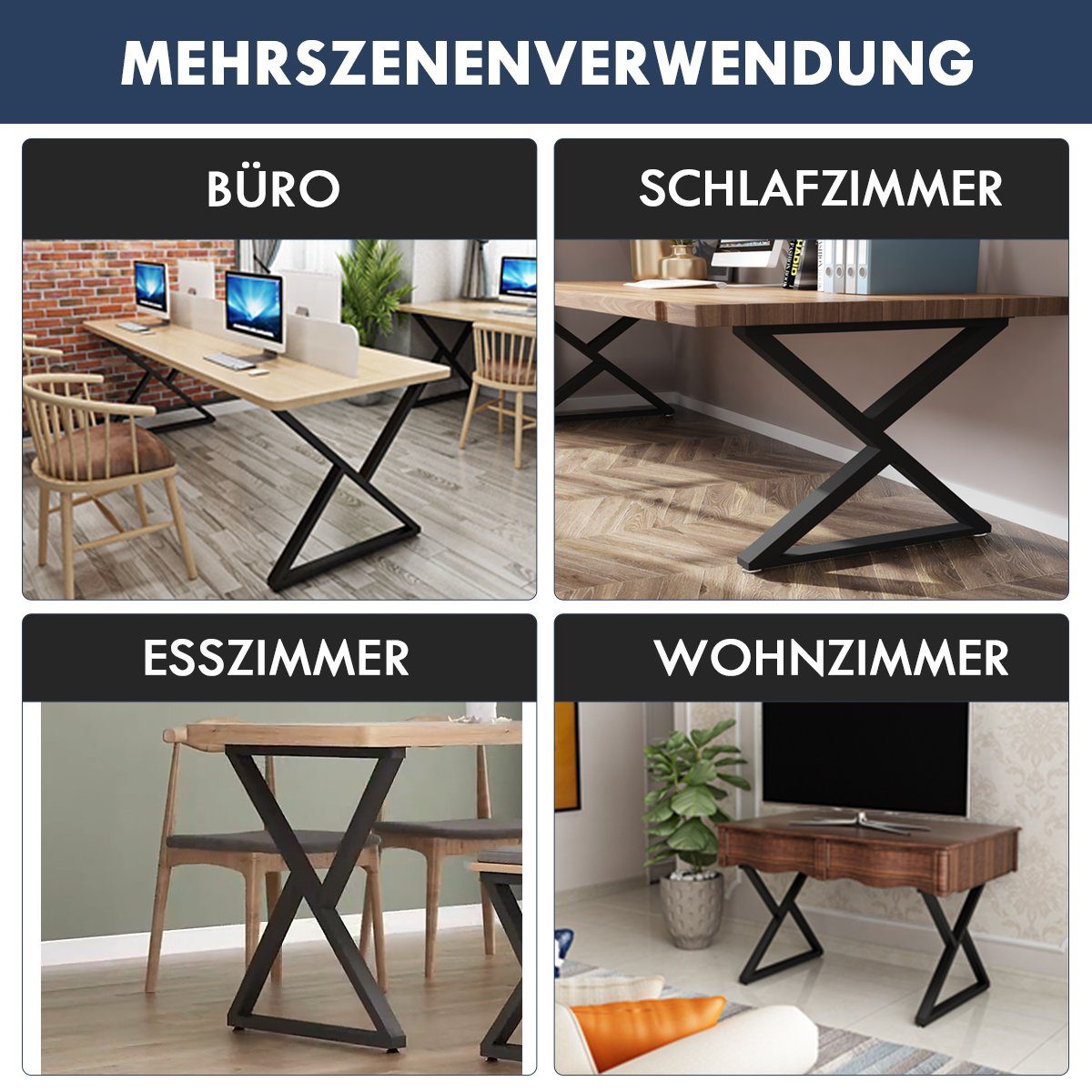 oyajia Tischbein Tischkufen X-Form aus Vierkantprofilen 50x30 mm, Tischgestell Schwarz, 2 Stück mit Schrauben & Bodenschoner, für Esstisch Couchtisch Sitzbank