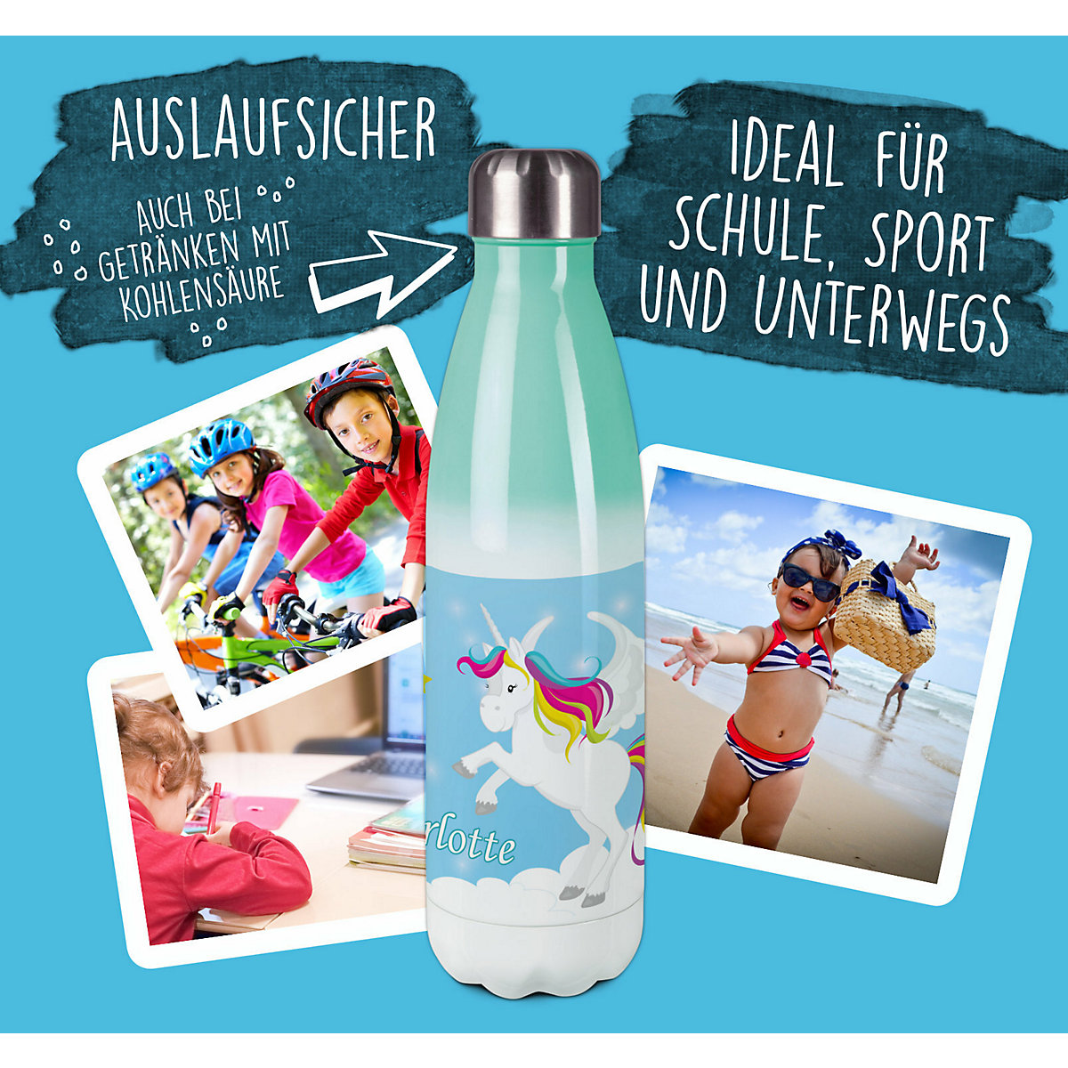 Edelstahl Kinder Thermoflasche / Trinkflasche bunt Pegasus Farbe blau Spülmaschinenfest, Auslaufsicher, Bruchfest, Doppelwandig, Für Heißgetränke geeignet, Mit Deckel, Isoliert
