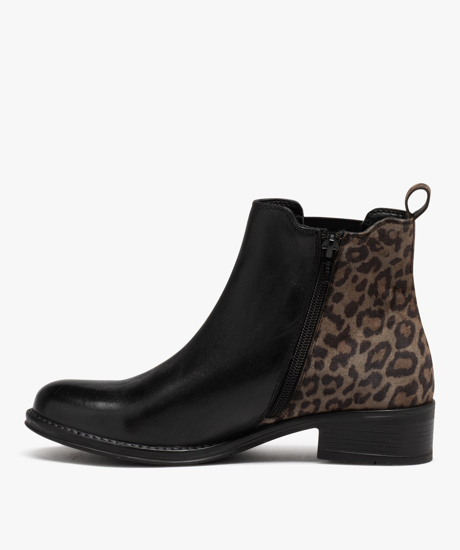 Bottines femme à talon dessus en cuir bicolore imprimé lé... noir | GEMO