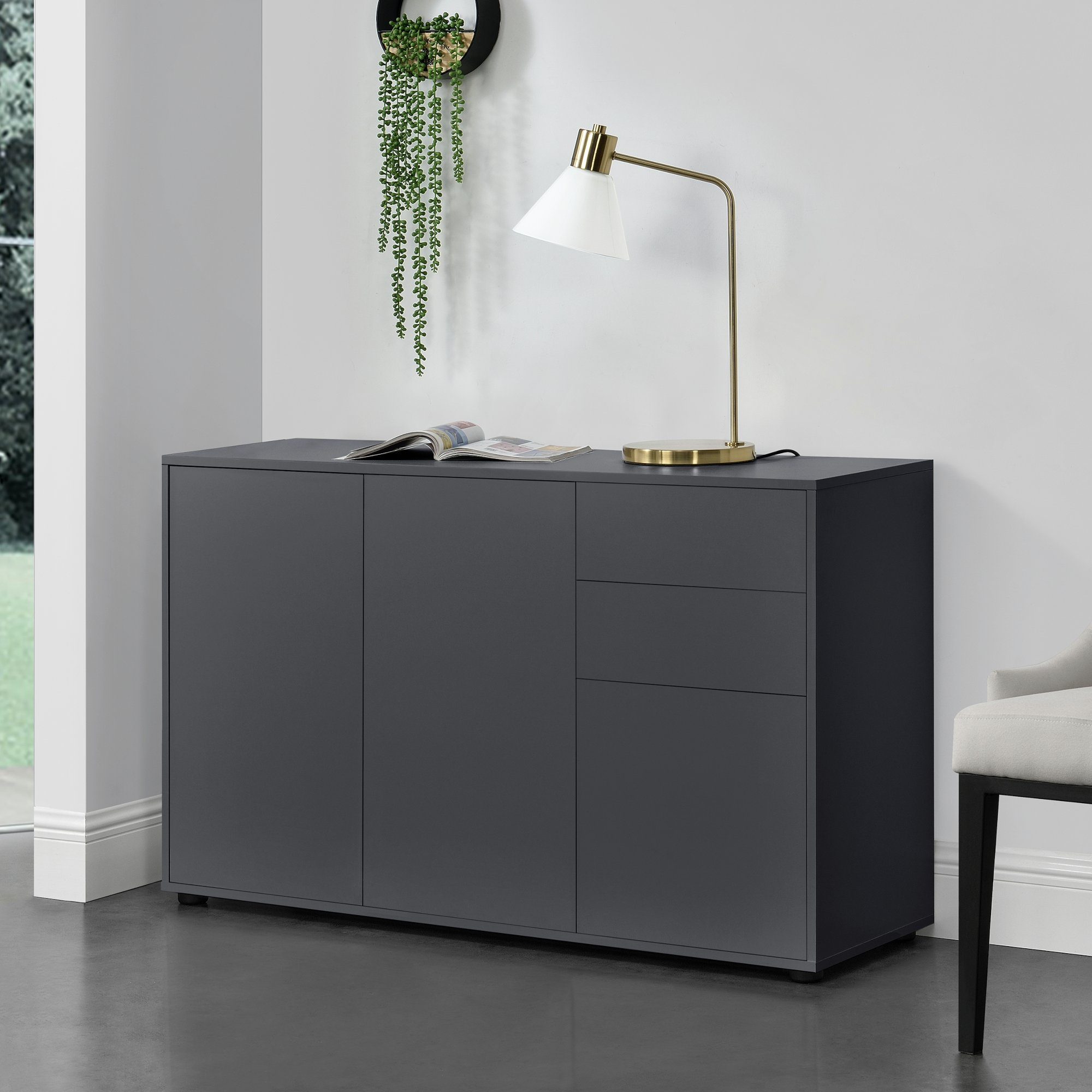 en.casa Sideboard, Paarl Kommode Schubladenschrank mit 3 Türen dunkelgrau matt