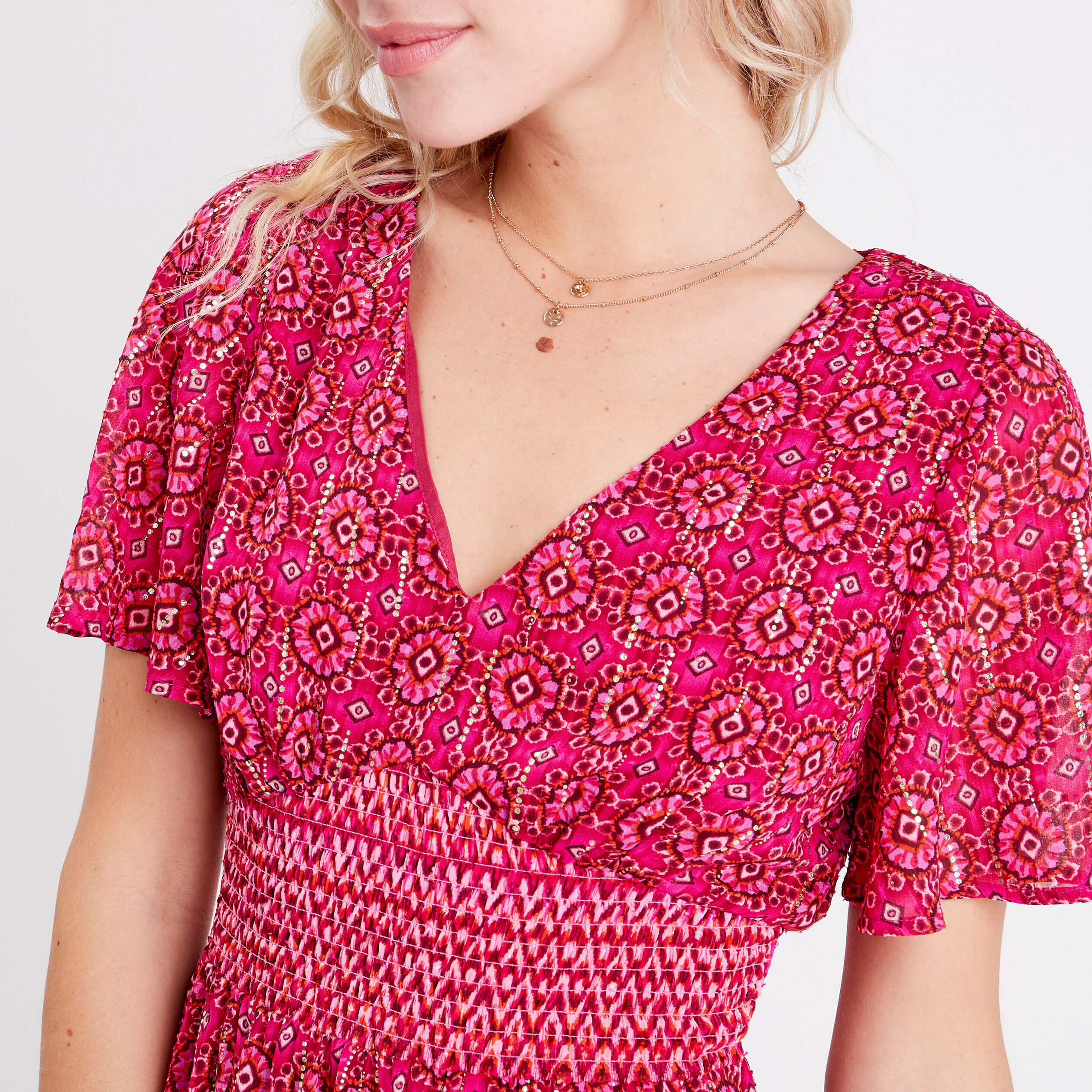 Robe évasée avec manches courtes rose femme | Cache Cache