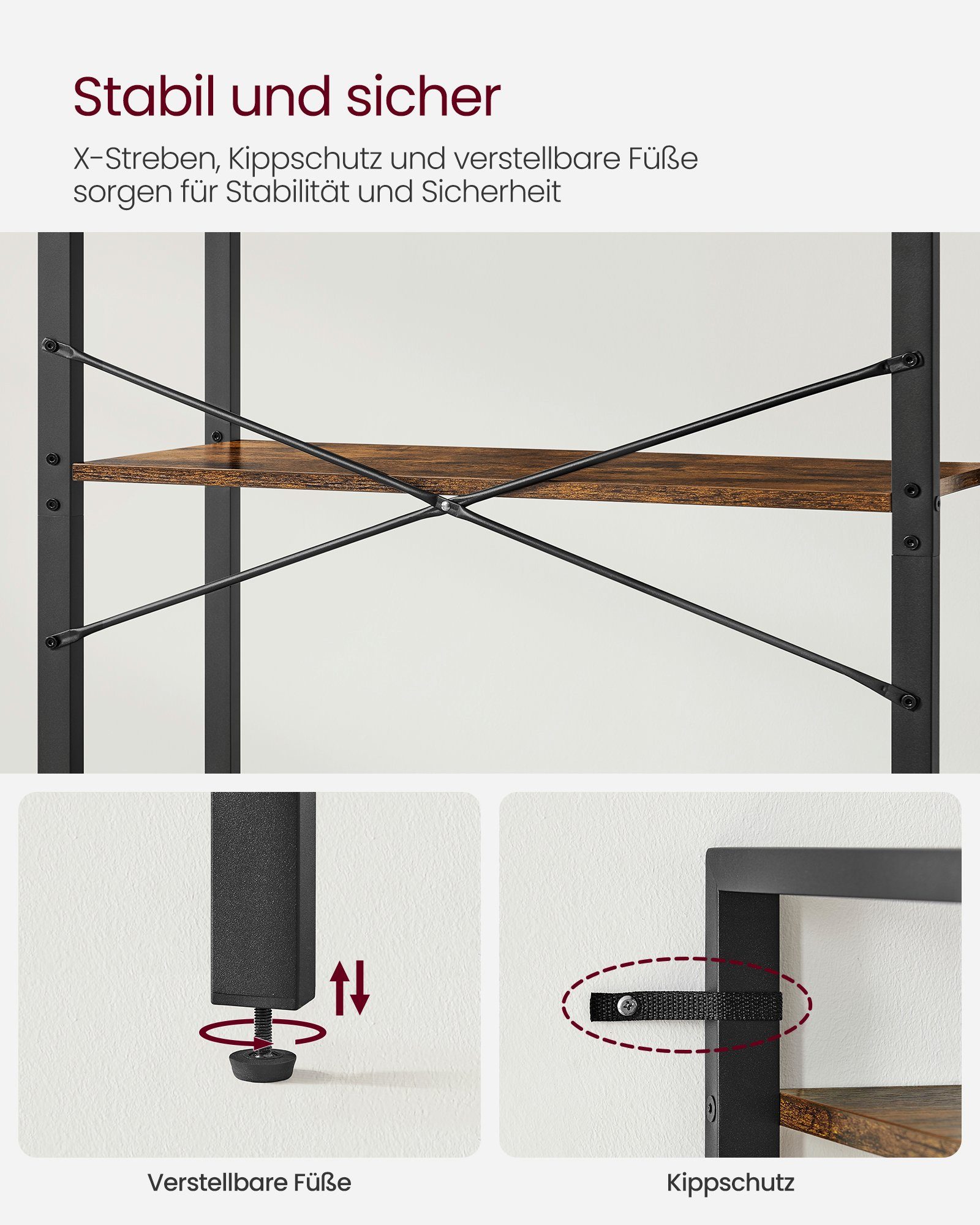VASAGLE Bücherregal Standregal, 120/153/186 cm, mit 4/5/6 Ebenen