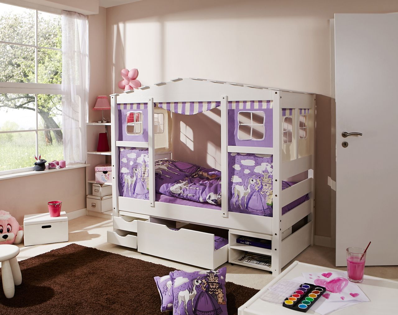 Ticaa Hausbett MINI Prinzessin Lila Var 3 - mit 3er Funktionsschubkasten - inkl. Matratze