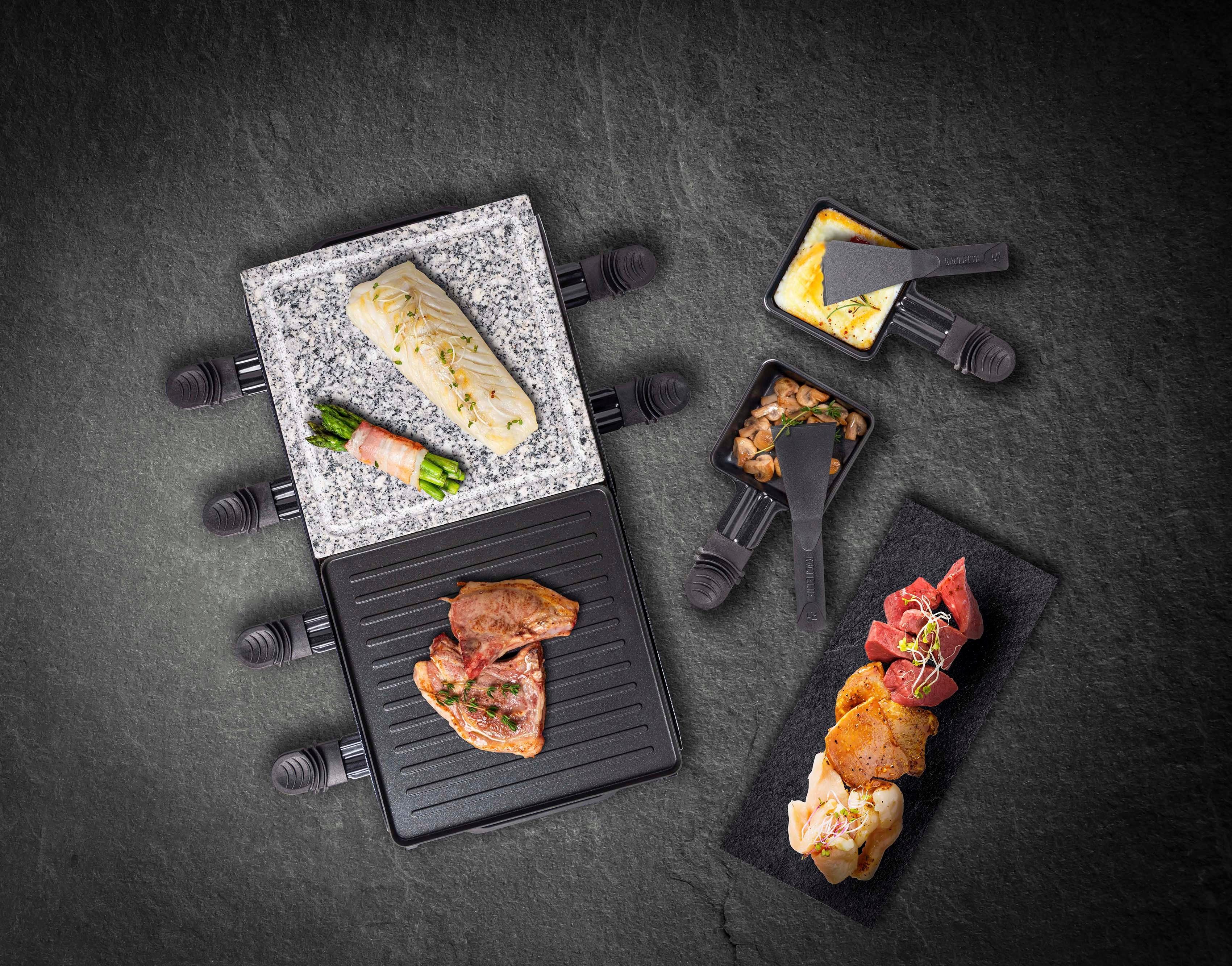 bestron Raclette ARG1200CO, 8 Raclettepfännchen, 1400 W, Naturstein & antihaftbeschichtete Grillplatte, 8 Pfännchen & 8 Schaber