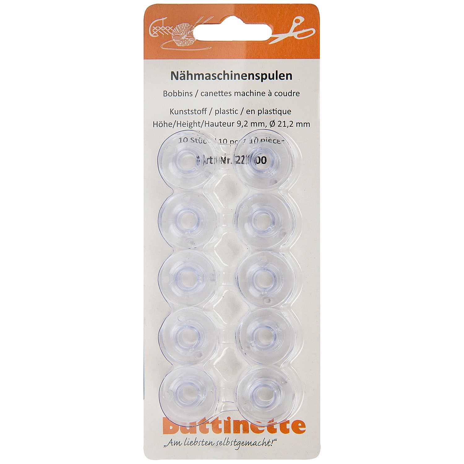 buttinette Nähmaschinenspulen für Horizontalgreifer, 21,2 mm Ø, Höhe: 9,2 mm