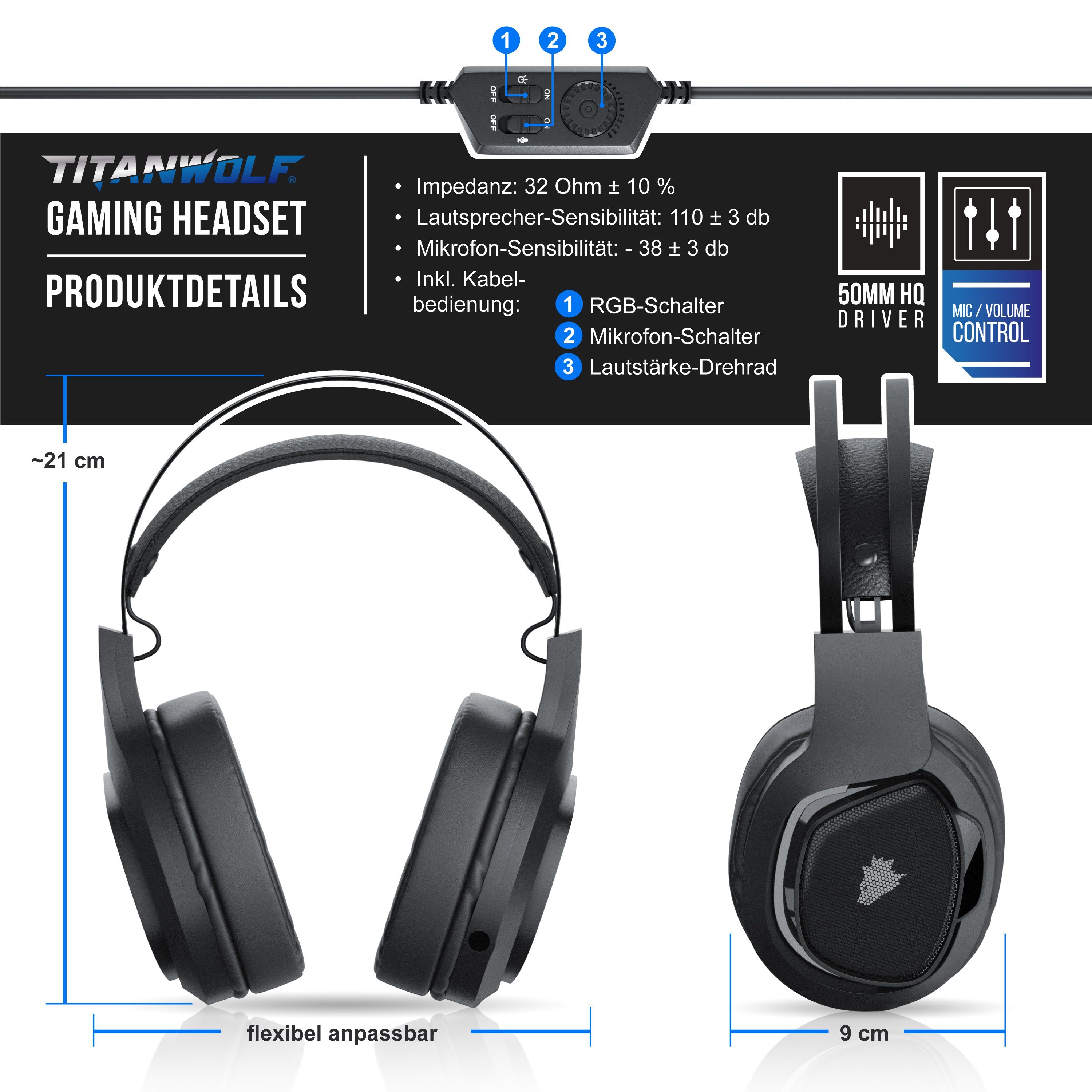 Titanwolf Gaming-Headset (PC Kopfhörer 7.1 Virtual Surround, Mikrofon, RGB LED, für PS4 PS5)