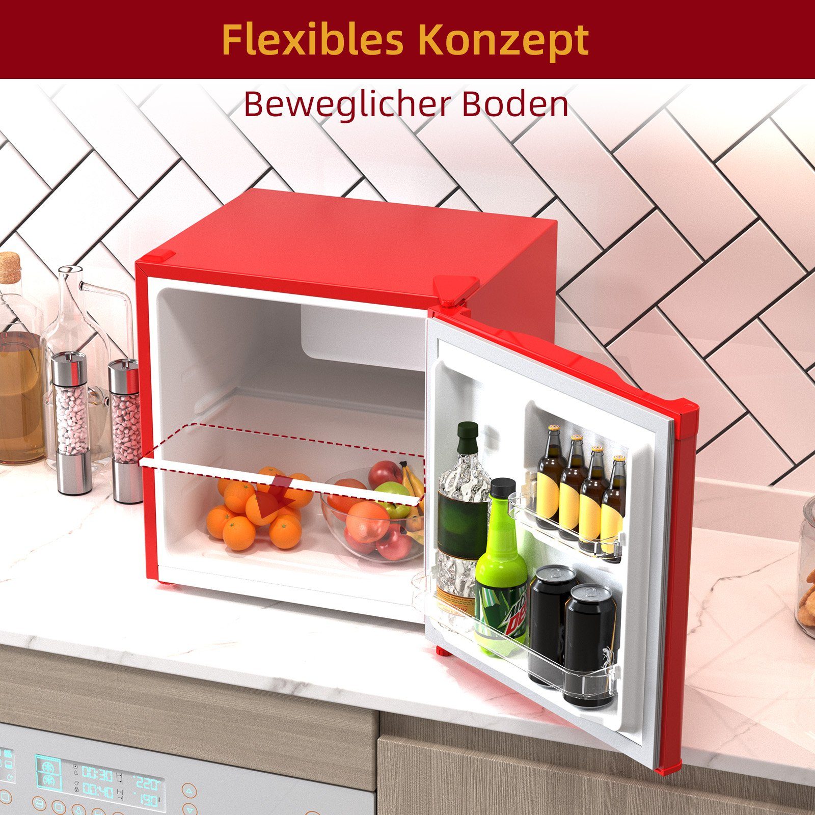 CHiQ Table Top Kühlschrank CSD46D4RE, 50 cm hoch, 47 cm breit, Mini Kühlschrank, 39dB,12 Jahre Garantie auf den Kompressor