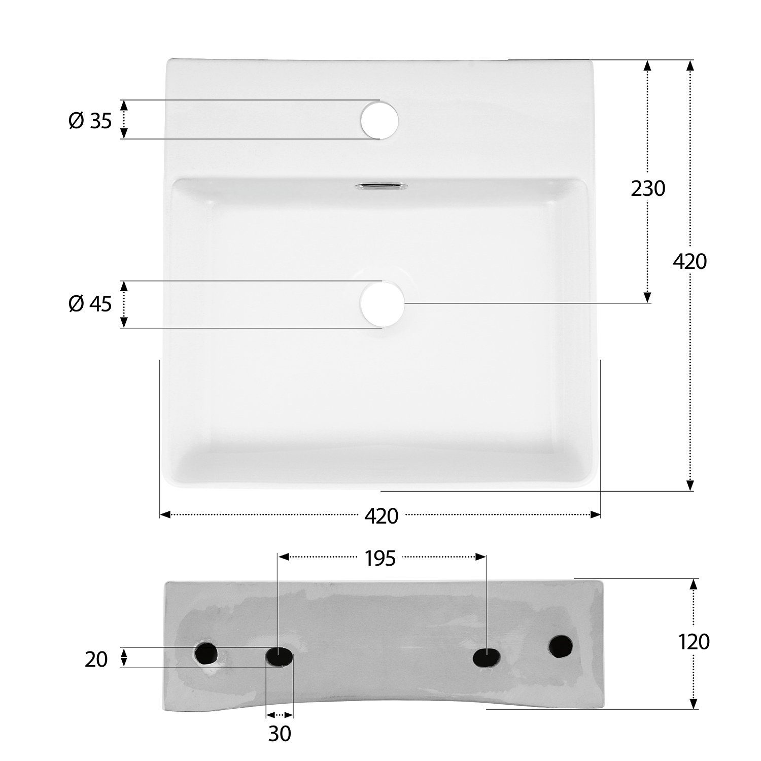 aquaSu Waschbecken Cavo (Hänge-Waschtisch, 1-St), 42 cm, Handwaschbecken, Weiß, Überlauf, Hahnloch mittig, 562232