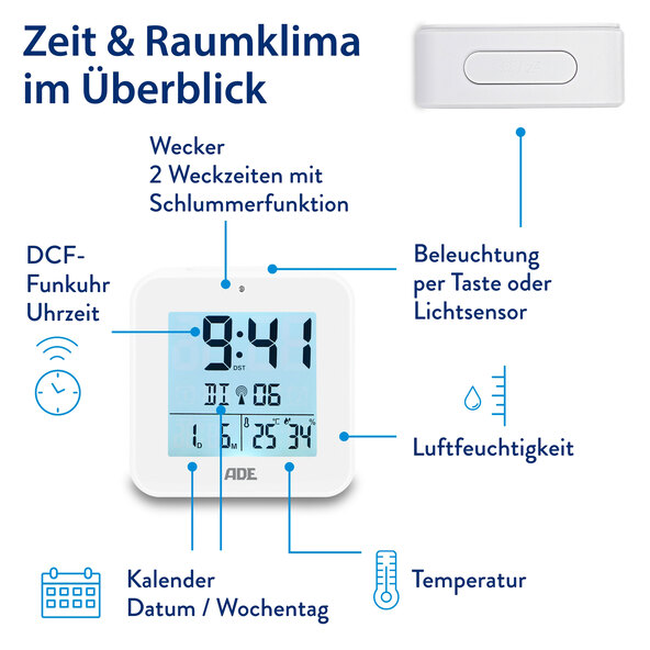 Digitaler DCF-Funkwecker, quadratisch, weiß