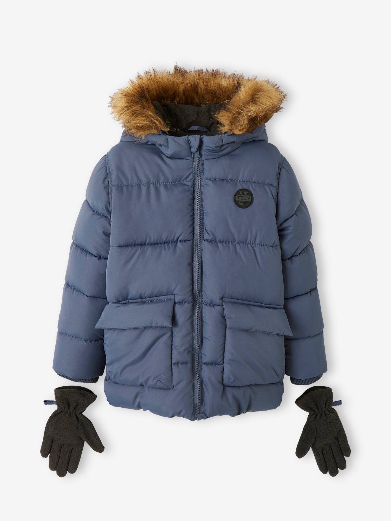 Doudoune à capuche doublée polaire avec gants ou moufles garçon mordore