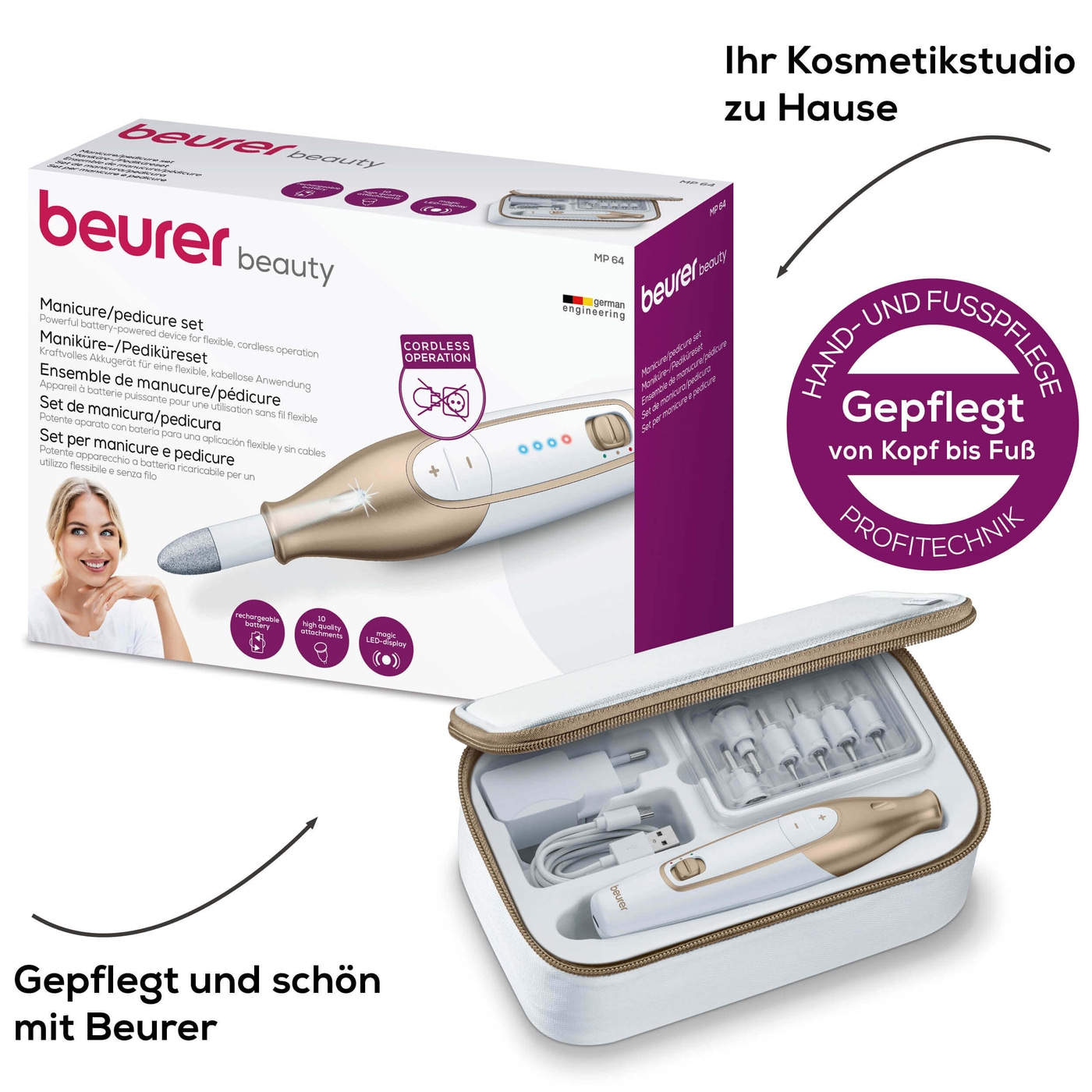 Beurer Maniküre-/Pediküre Set MP 64-Kabelloser Nagelfräser für Maniküre & Pediküre mit 10 Saphir- & Filzaufsätzen