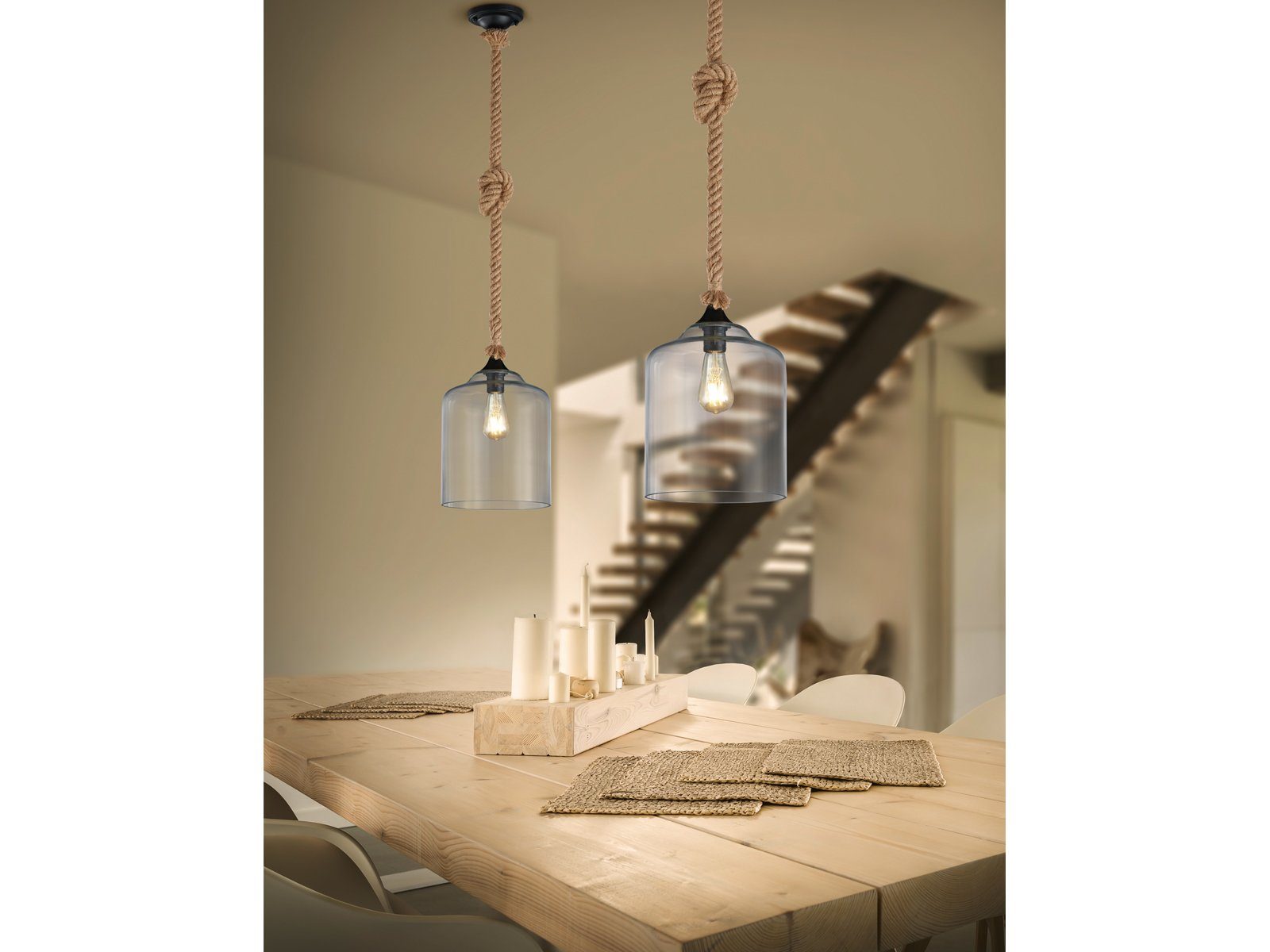 meineWunschleuchte LED Pendelleuchte, LED wechselbar, Warmweiß, kleine Designer-lampen Lampenschirm-e Rauch-Glas Seil-lampe, Ø24cm
