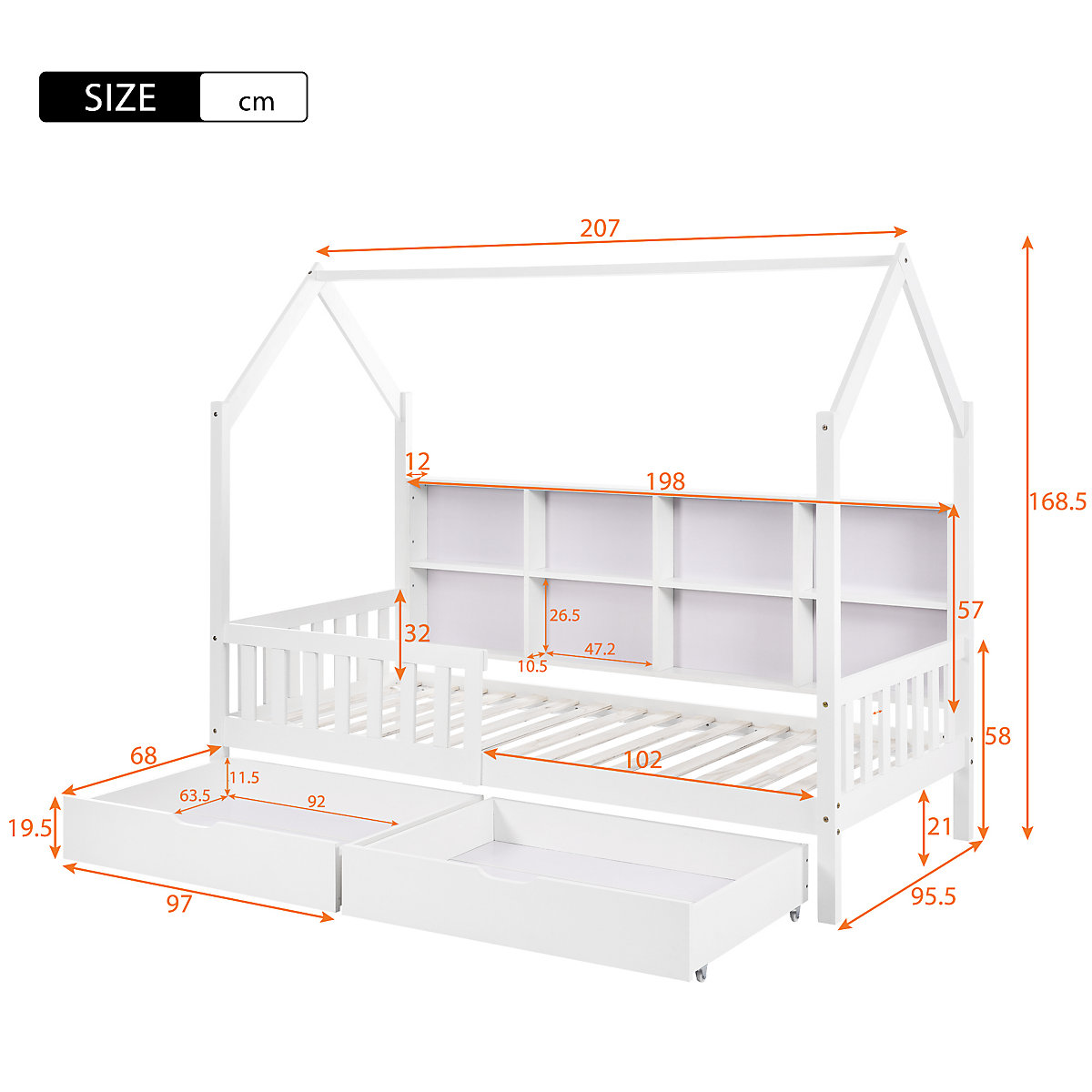 Hausbett 90x200 cm mit Ablageregal und Schubladen, Kinderbett mit Rausfallschutz