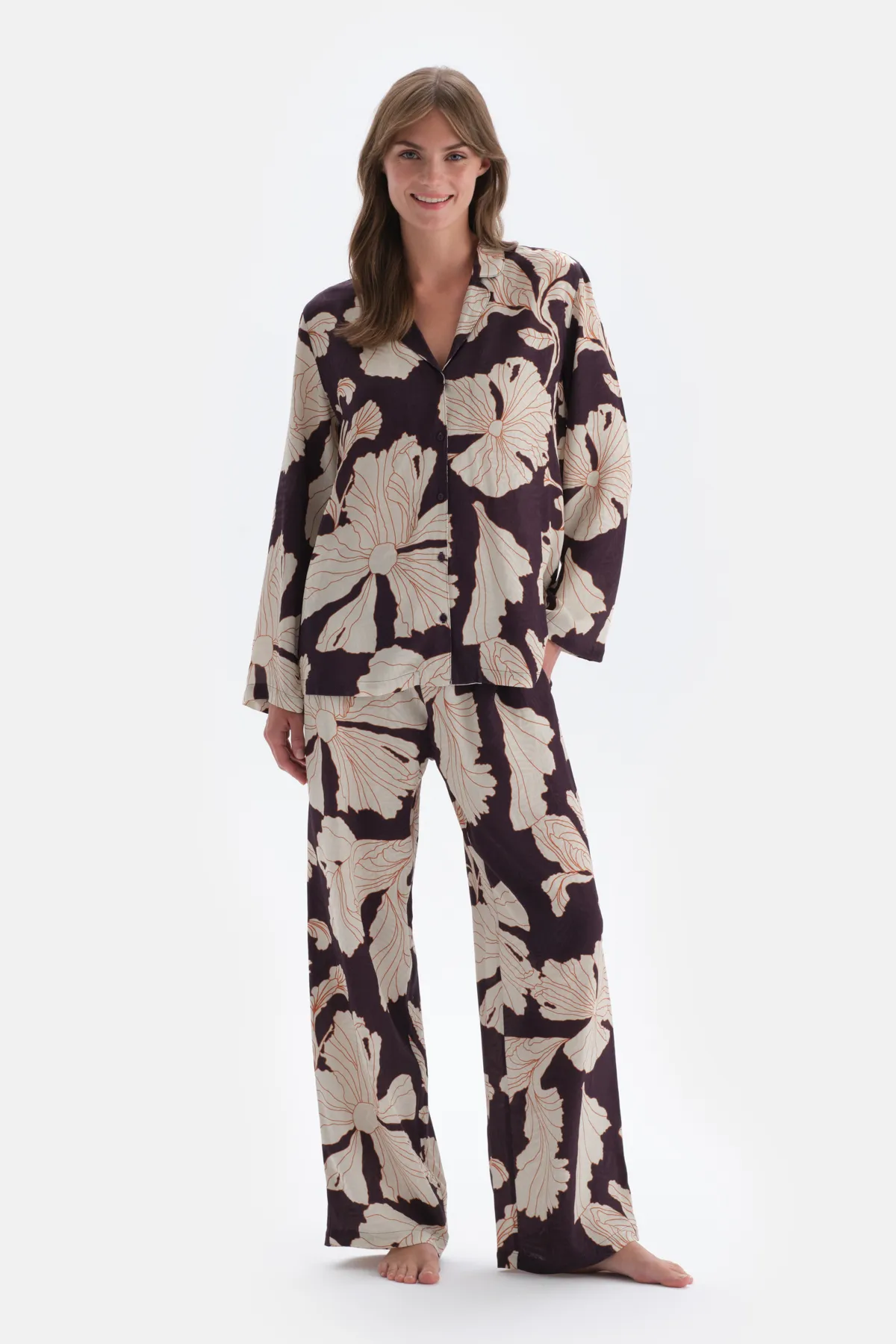Dagi  Lilafarbenes Satin-Hemd-Pyjama-Oberteil mit Blumenmuster und detailliertem Detail