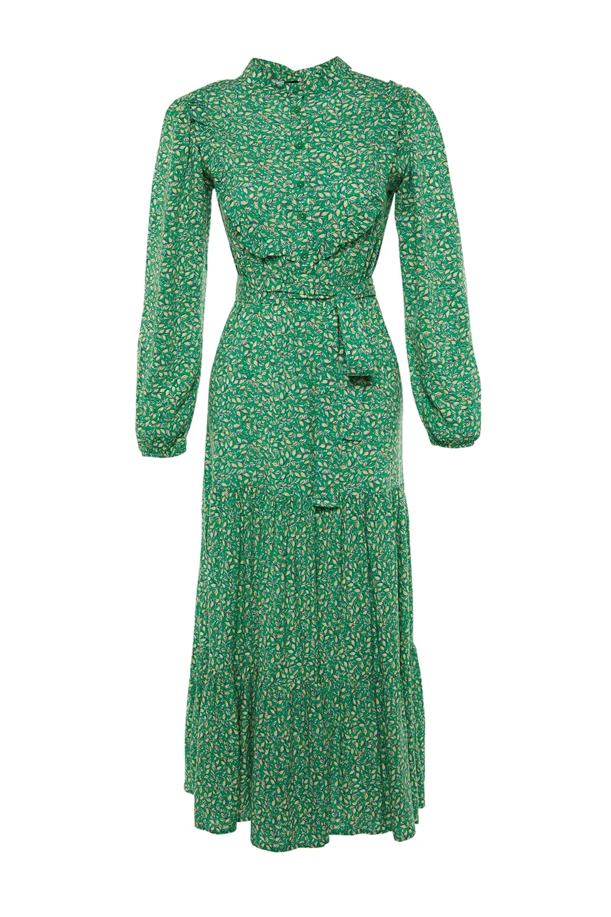 Trendyol Modest  Grünes, kleines, mit Blumenmuster bedrucktes, gewebtes Kleid mit Rüschen und Gürtel TCTSS21EL3340