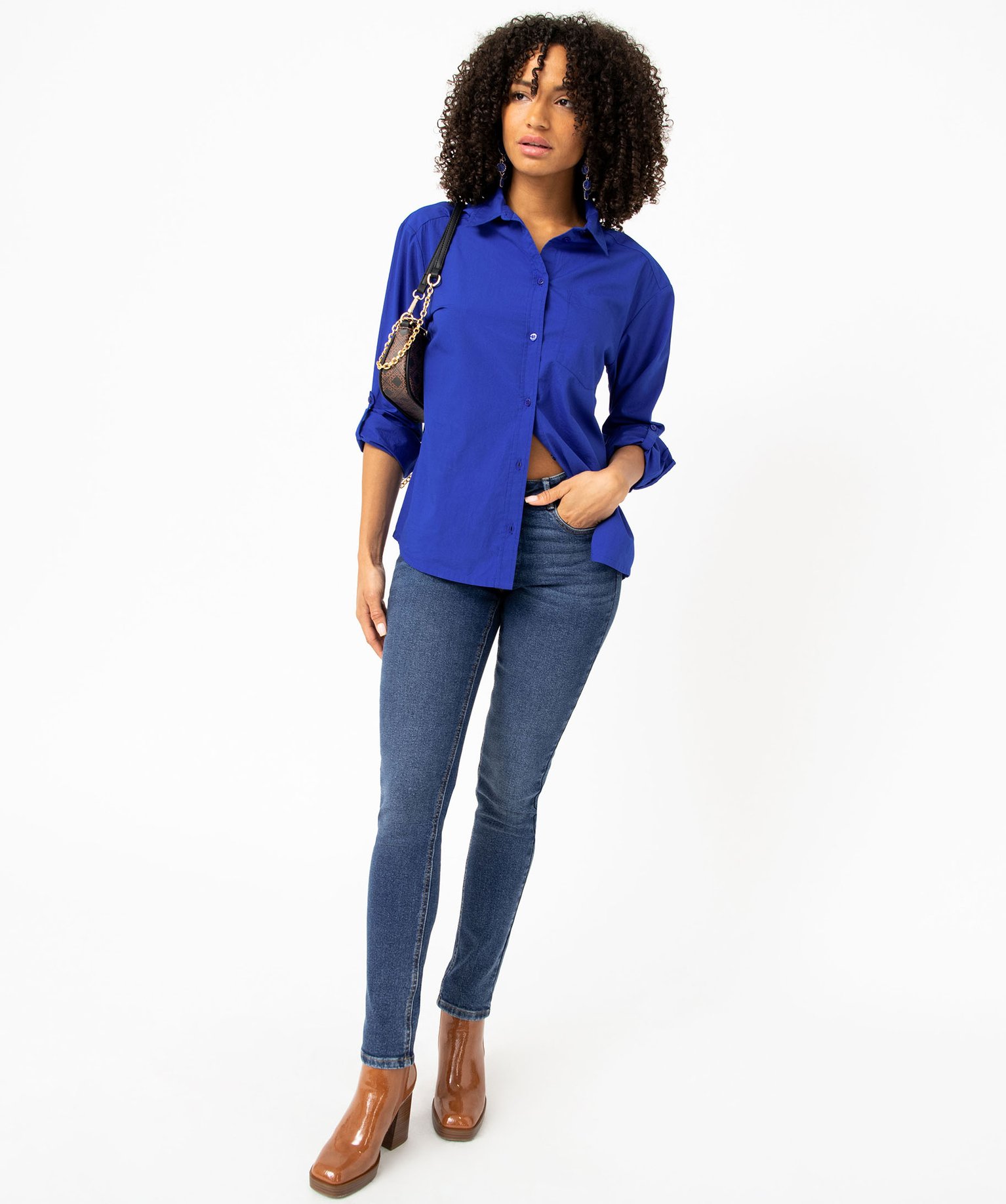 Chemise ample en coton uni femme bleu | GEMO