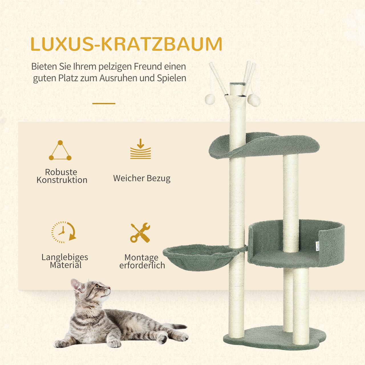 PawHut Kratzbaum 123H cm Kletterbaum Katzenbaum mit Liegekorb und Sisalsäule