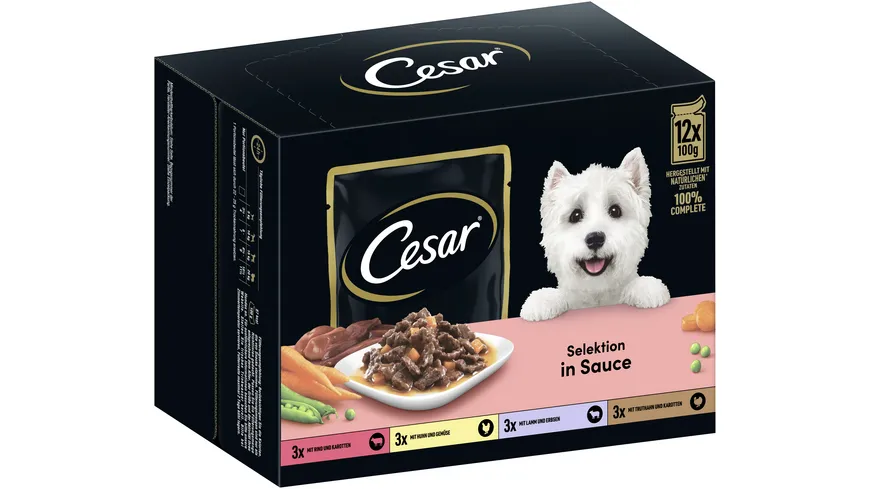 CESAR® Portionsbeutel Multipack Selektion in Sauce 4 Varietäten 12 x 100g 1200 g