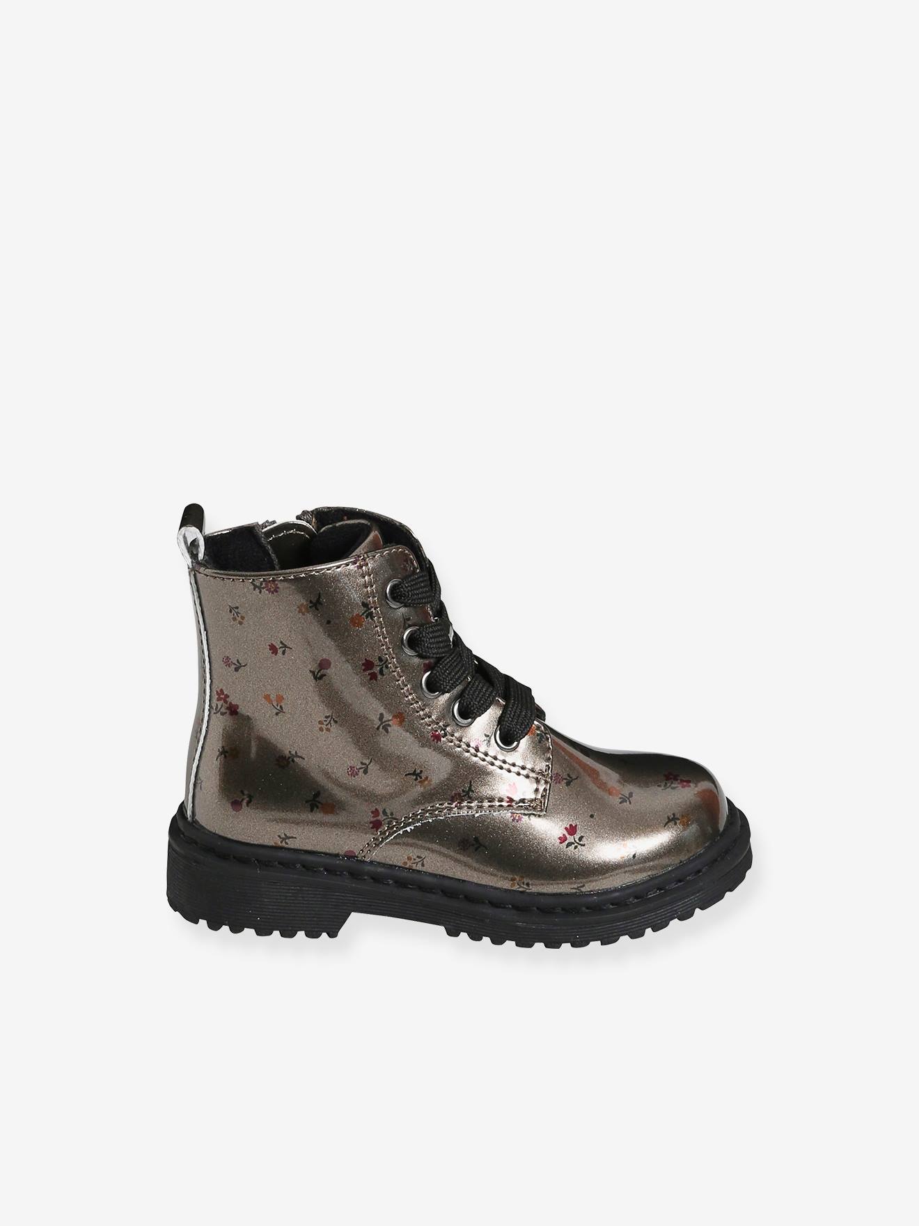 Bottines imprimées bébé fille lacées et zippées argent aop fleurs
