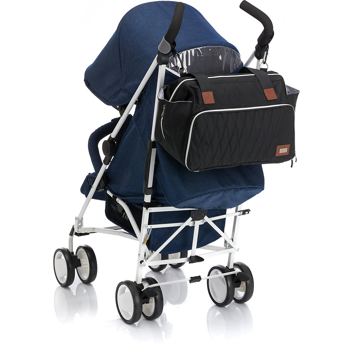 Karabinerhalterung für Kinderwagen und Buggys schwarz mit Reflektor