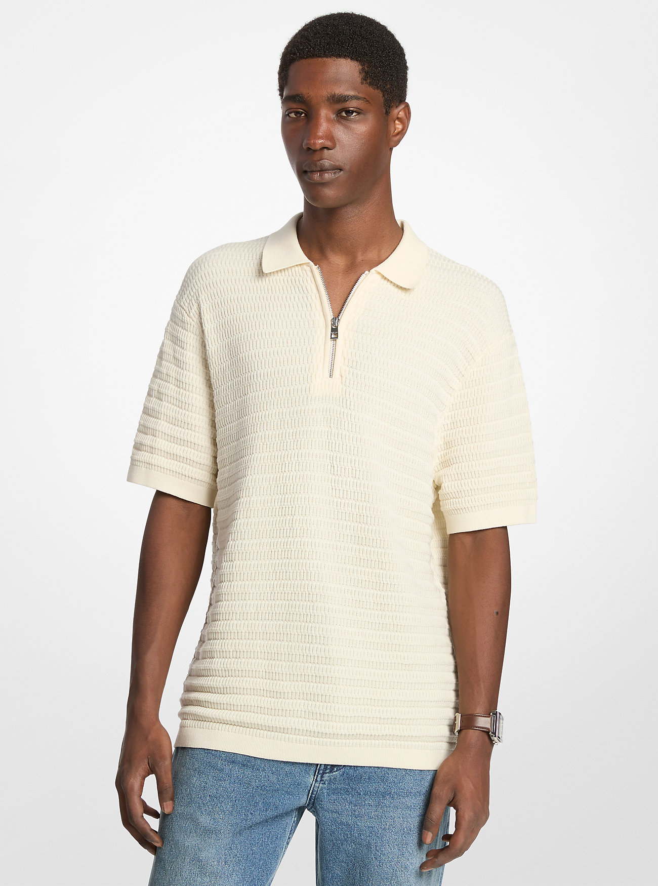 Textured Cotton Zip-Up Polo Shirt - BONE