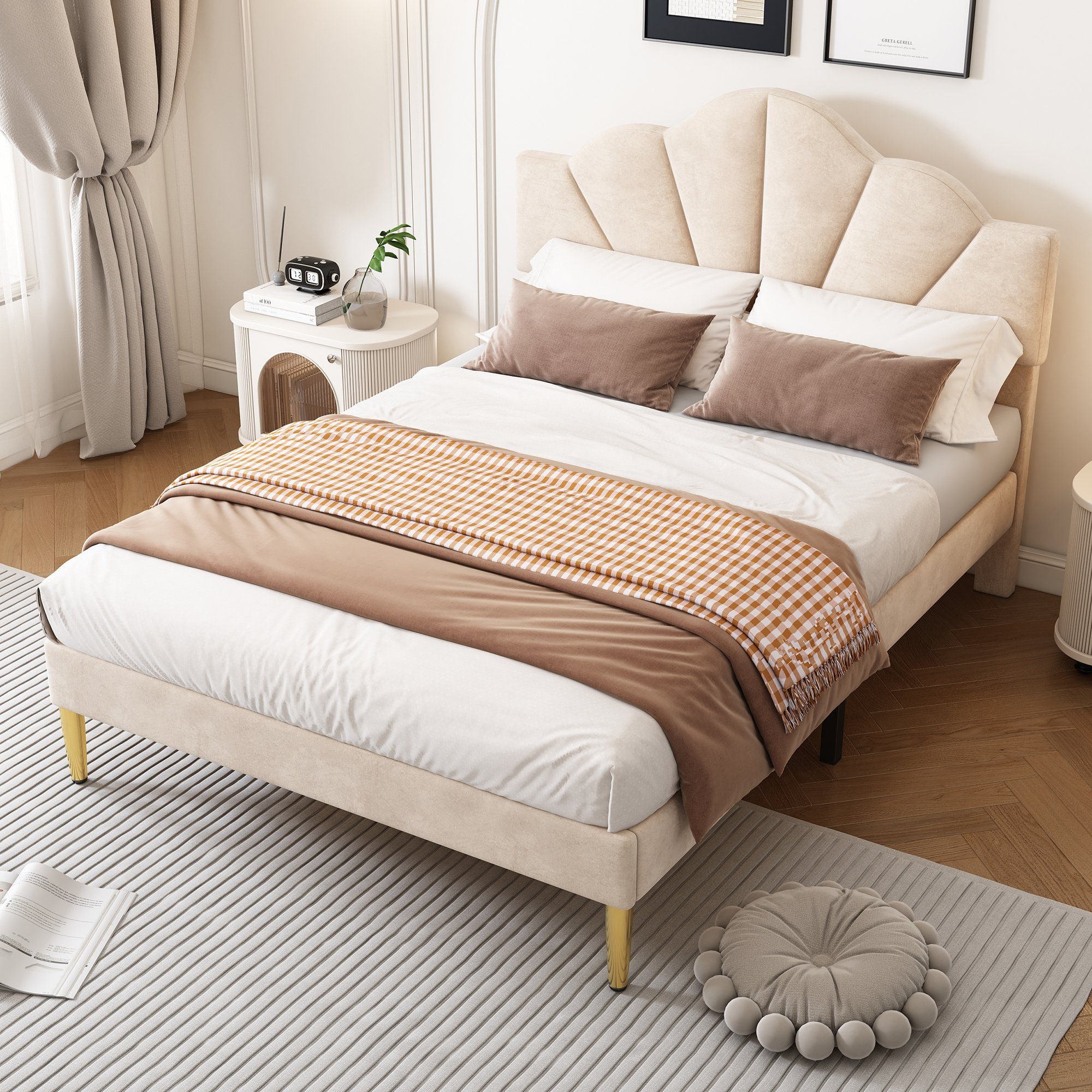 OKWISH Polsterbett muschelartiges Bett (140 X 200 CM Ohne Matratze), Höhenverstellbares Kopfteil,Bett mit goldenen Eisenbeinen