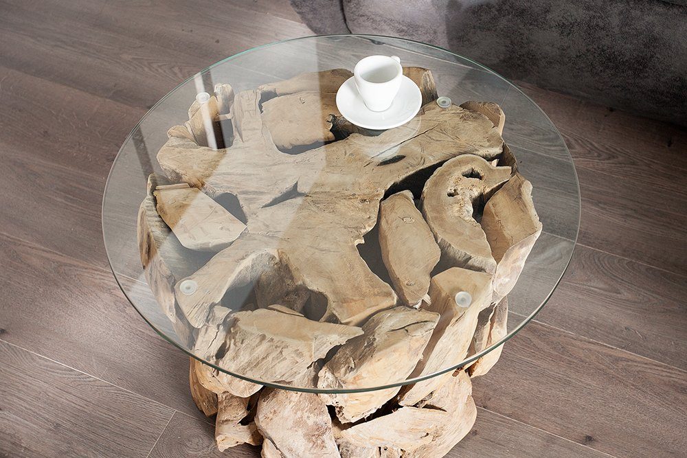 riess-ambiente Couchtisch RIVERSIDE 60cm natur / transparent, Wohnzimmer · Massivholz-Gestell · Glasplatte · rund · Handarbeit